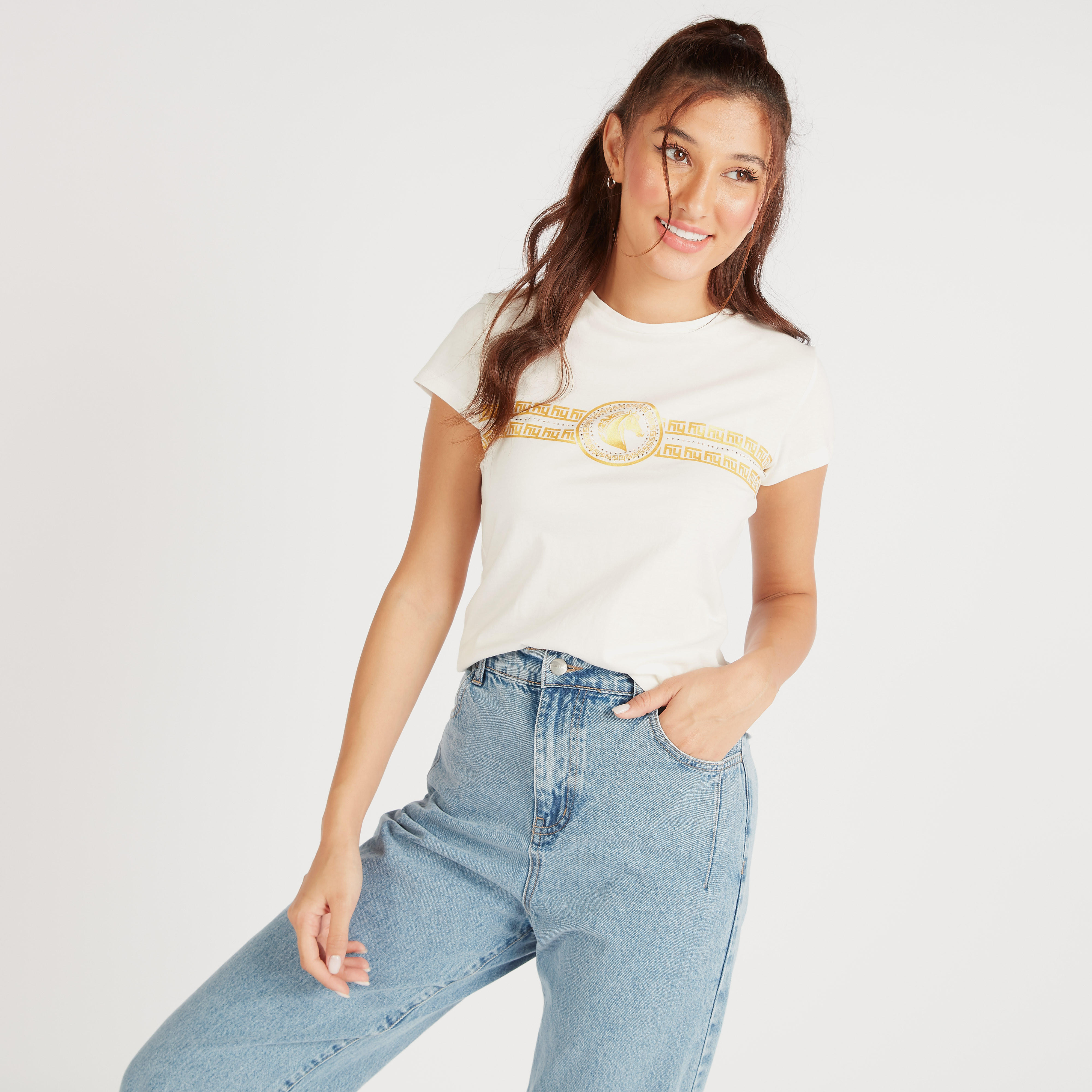 Printed Crew Neck T-shirt with Cap Sleeves-women-clothing-tshirts-image-1