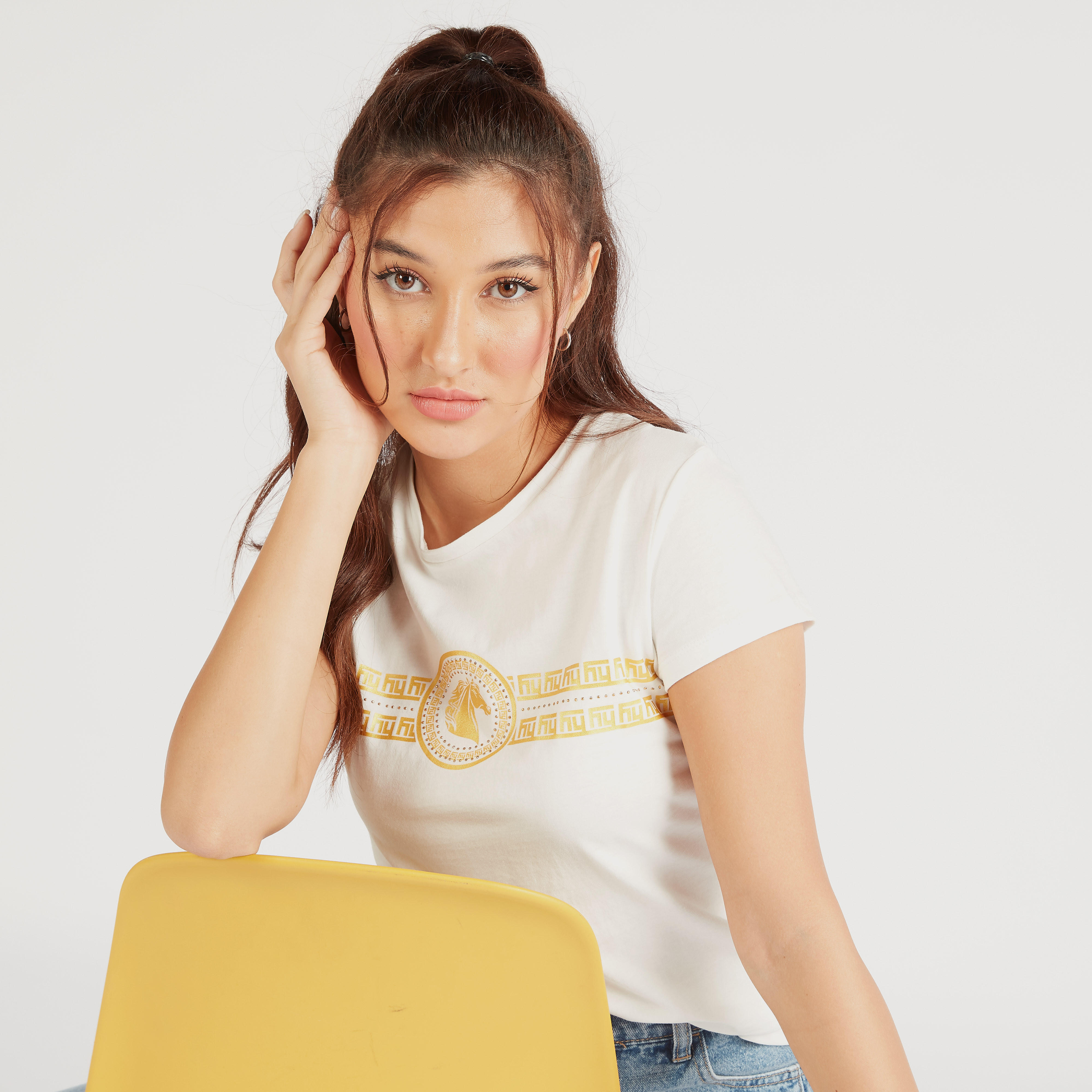 Printed Crew Neck T-shirt with Cap Sleeves-women-clothing-tshirts-image-4