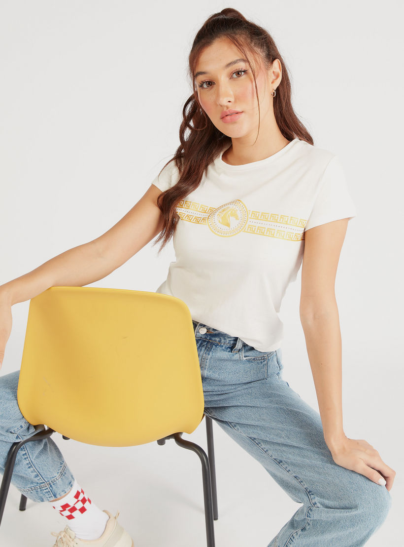 Printed Crew Neck T-shirt with Cap Sleeves-women-clothing-tshirts-image-6