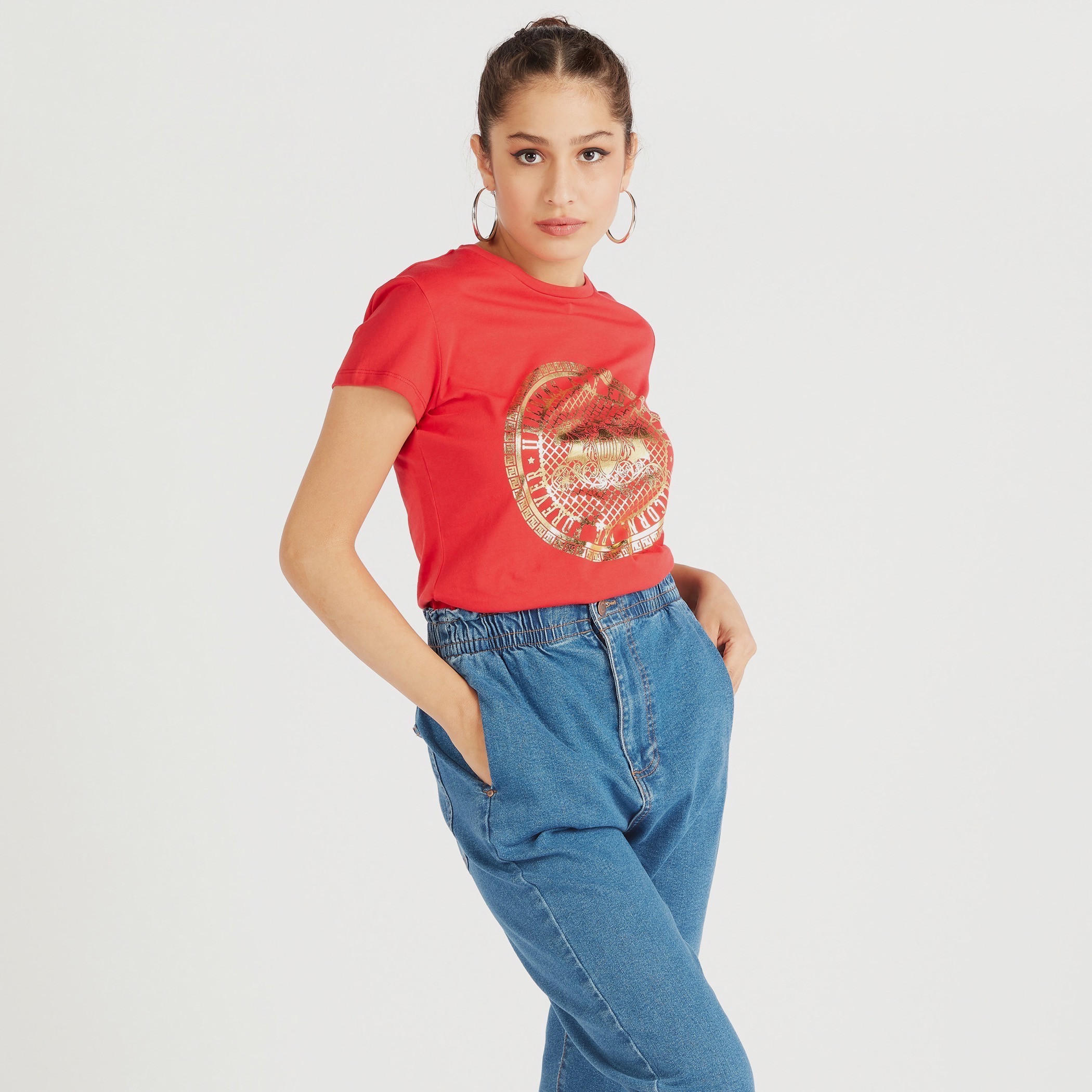 Printed Crew Neck T-shirt with Cap Sleeves-women-clothing-tshirts-image-1
