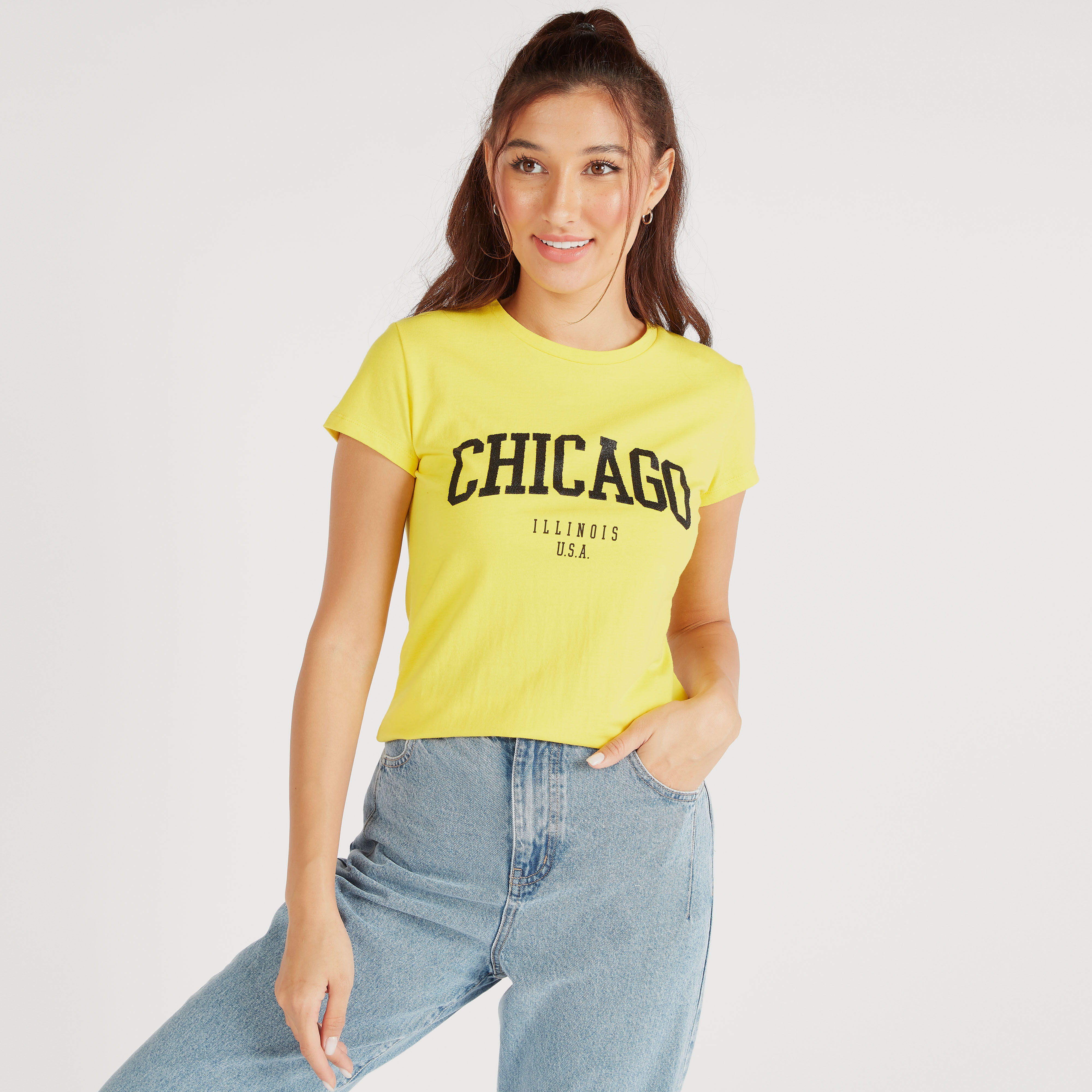تيشيرت بياقة ضيّقة وأكمام كاب وطبعات -women-clothing-tshirts-image-1