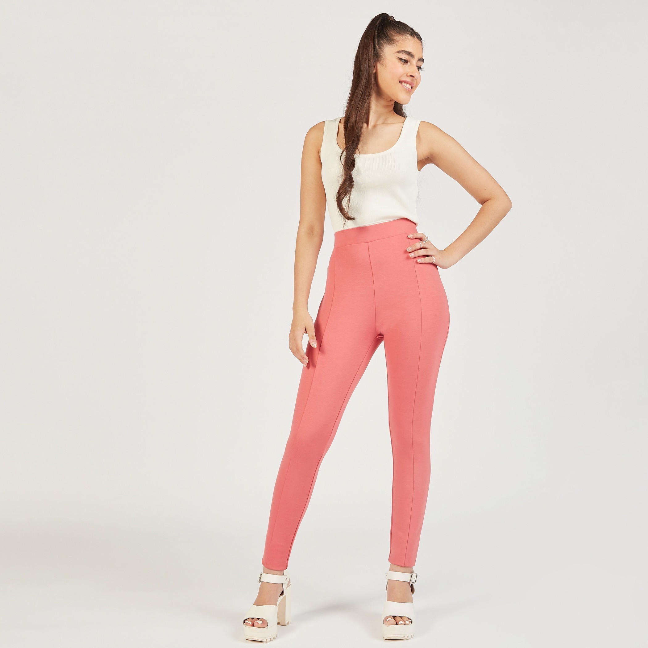 بنطلون ليقنز سادة بخصر مطاطي متوسط الارتفاع-women-clothing-bottoms-leggings-image-2