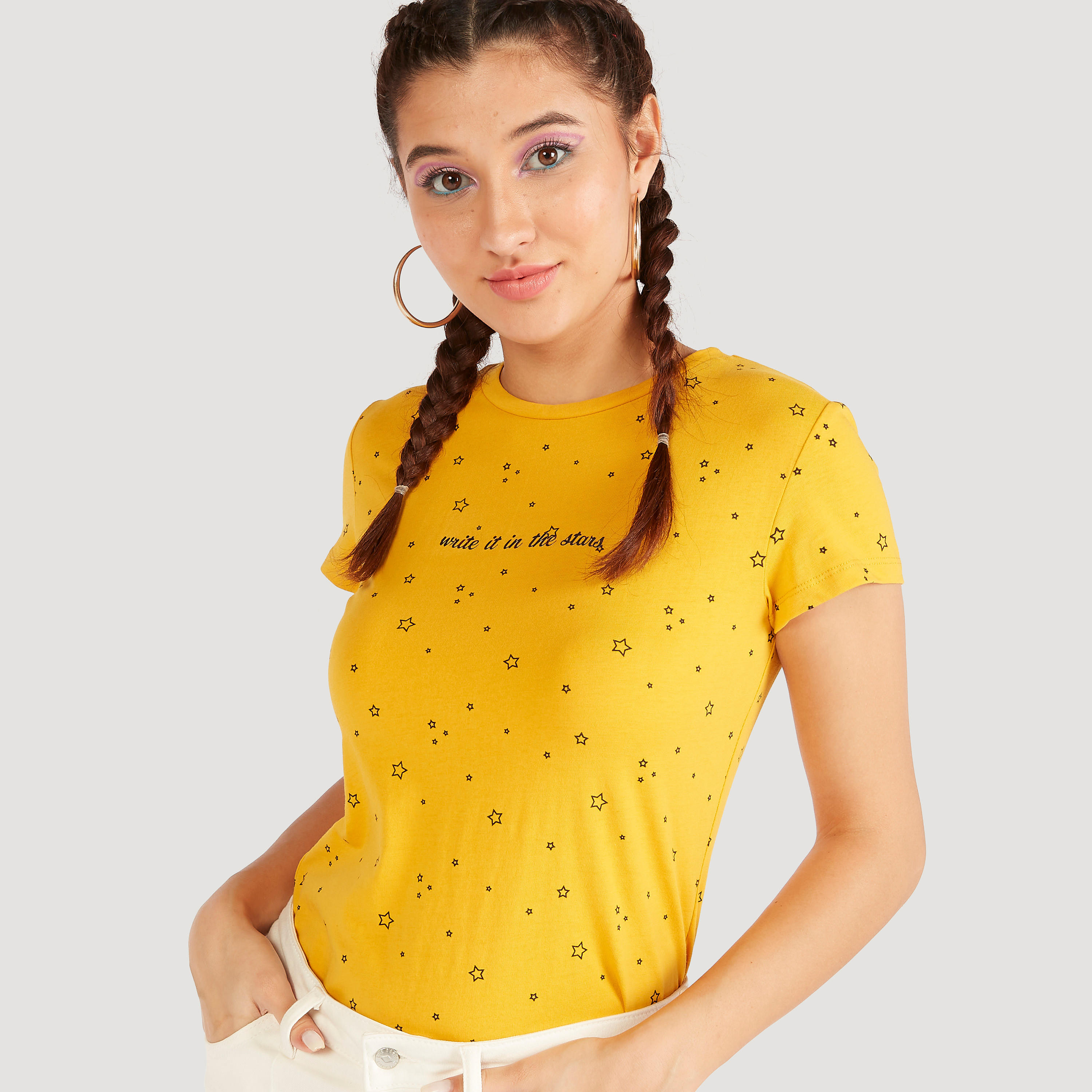 Printed Crew Neck T-shirt with Cap Sleeves-women-clothing-tshirts-image-1