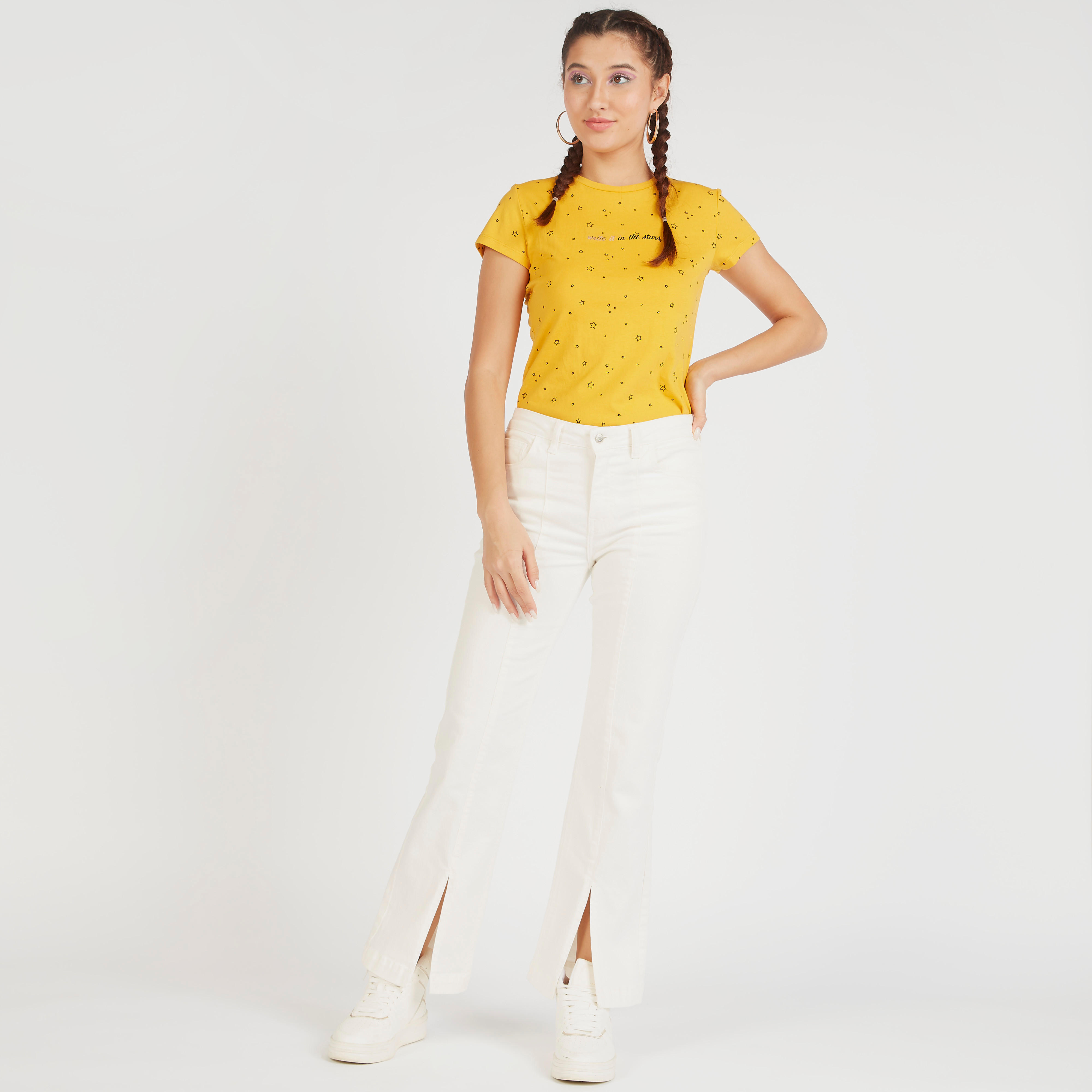 Printed Crew Neck T-shirt with Cap Sleeves-women-clothing-tshirts-image-2