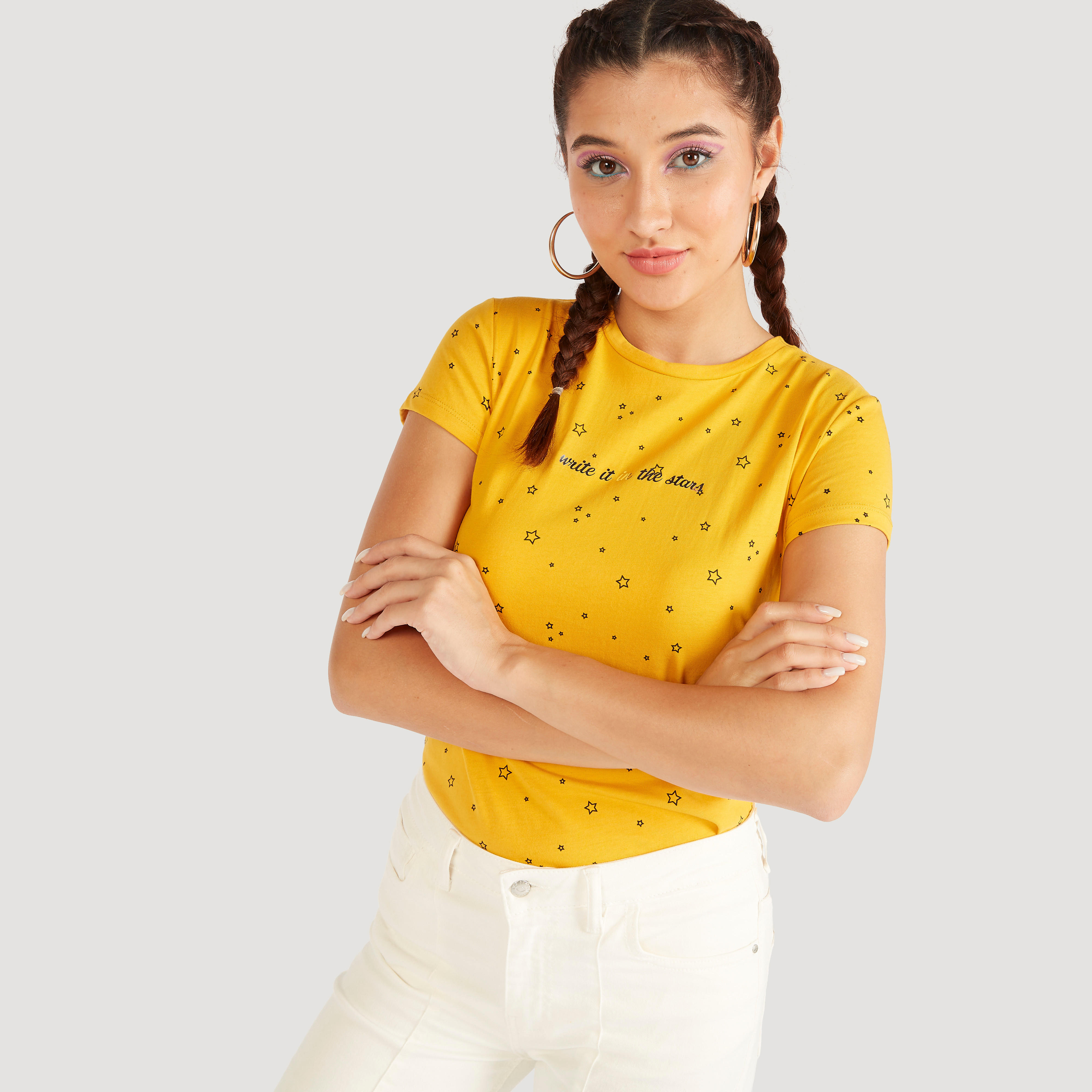 Printed Crew Neck T-shirt with Cap Sleeves-women-clothing-tshirts-image-5