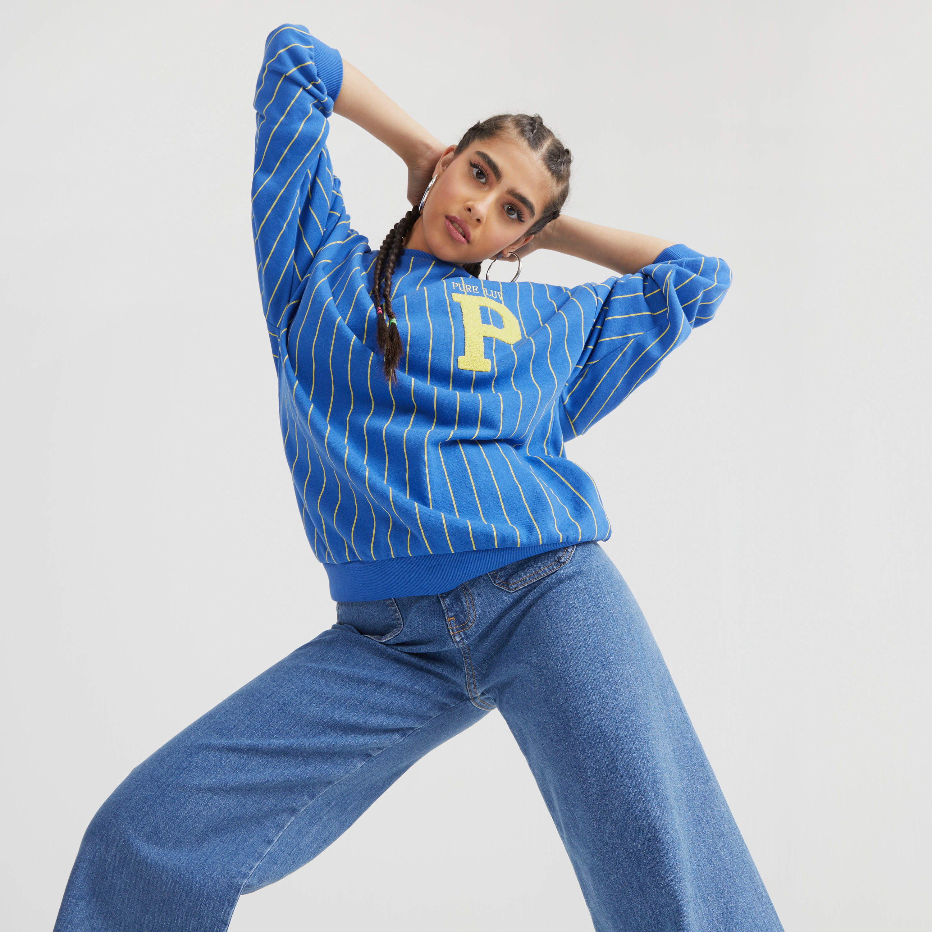 Striped Crew Neck Sweatshirt with Long Sleeves-women-clothing-hoodiesandsweatshirts-sweatshirts-image-1
