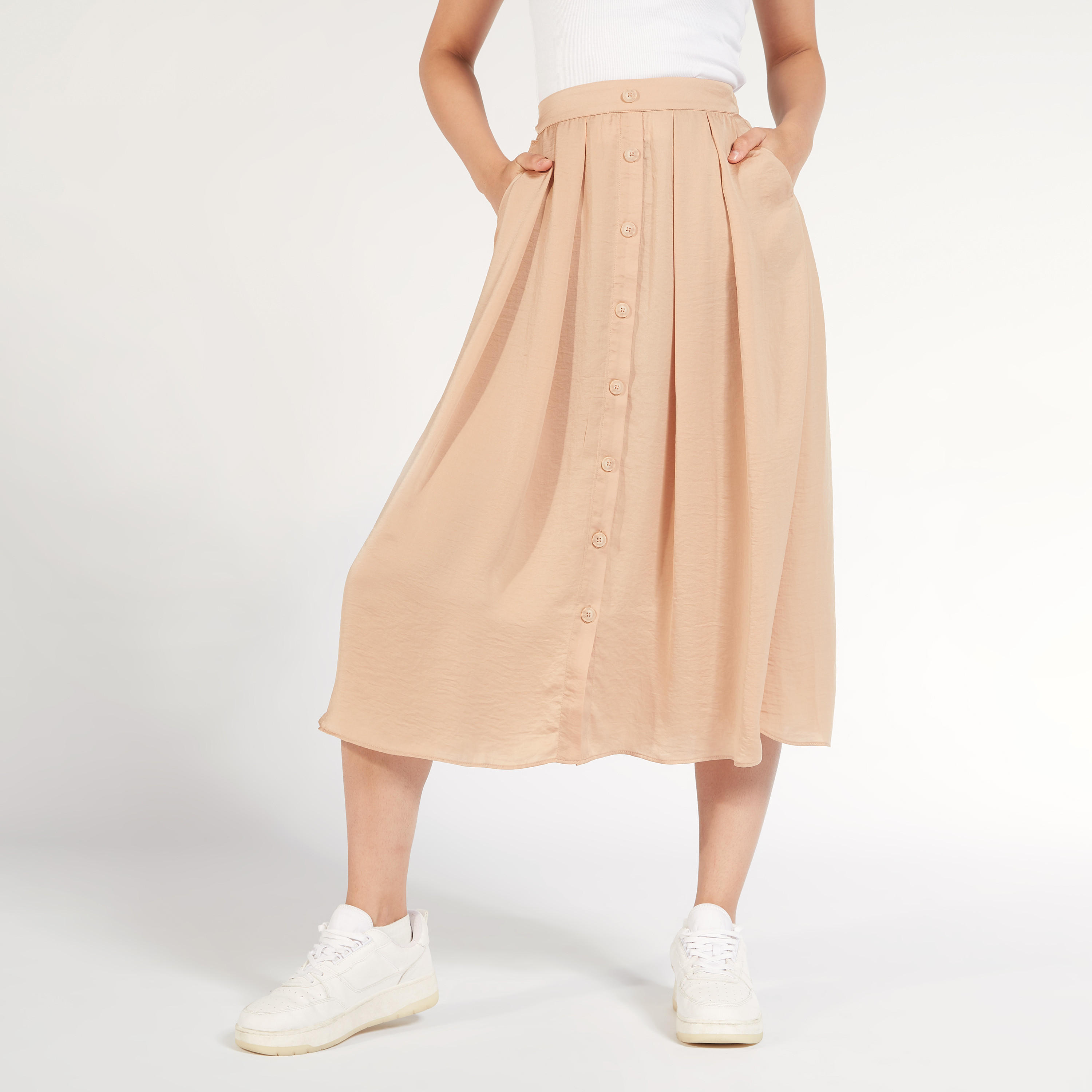 تنّورة ميدي إيه لاين سادة بكُسرات وجيوب-women-clothing-bottoms-skirts-image-1