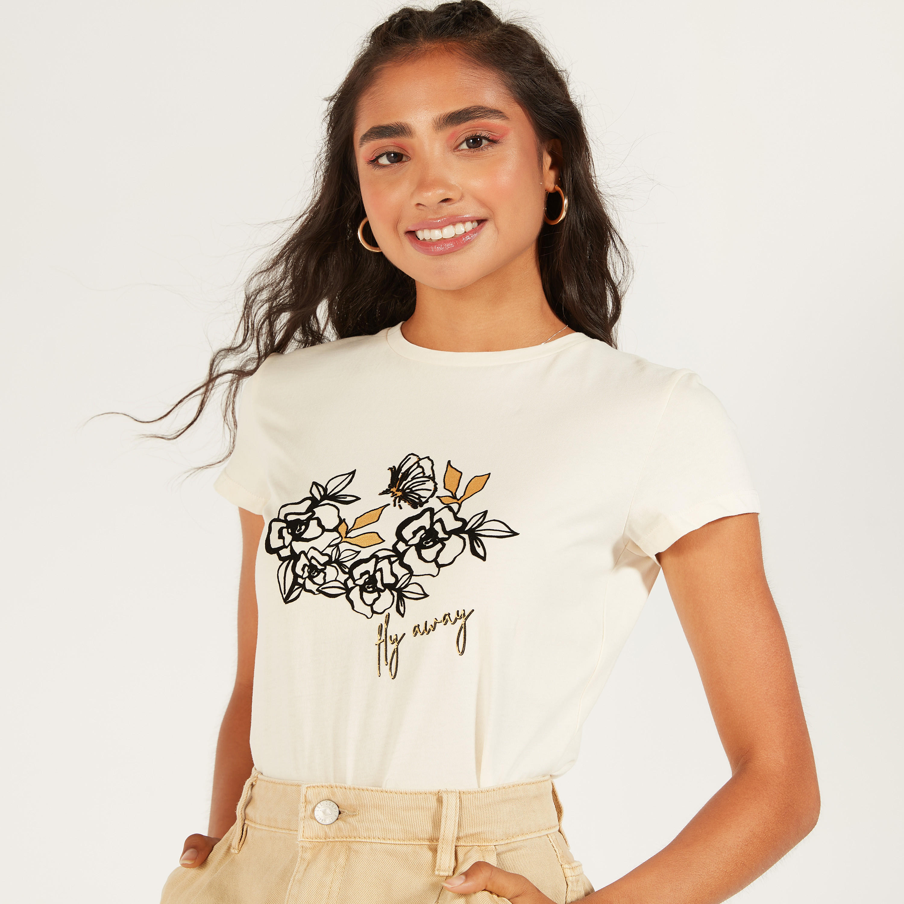 Printed Crew Neck T-shirt with Short Sleeves-women-clothing-tshirts-image-1