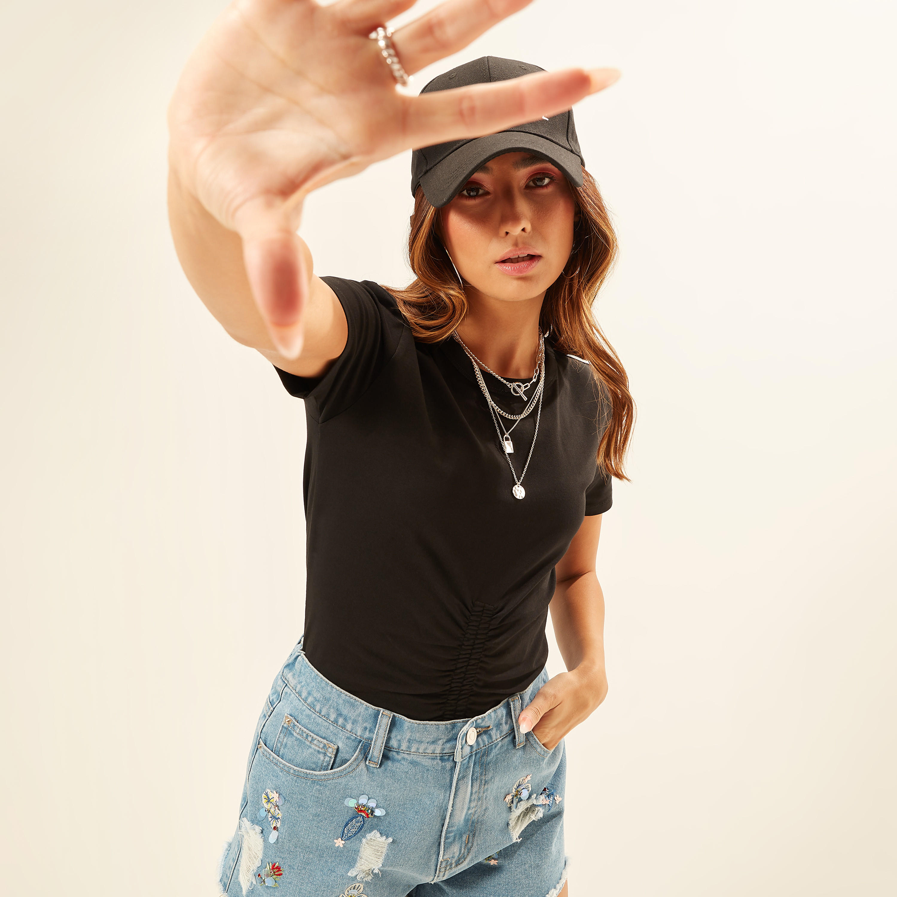 Solid Crew Neck T-shirt with Short Sleeves and Ruched Detail-women-clothing-tshirts-image-17