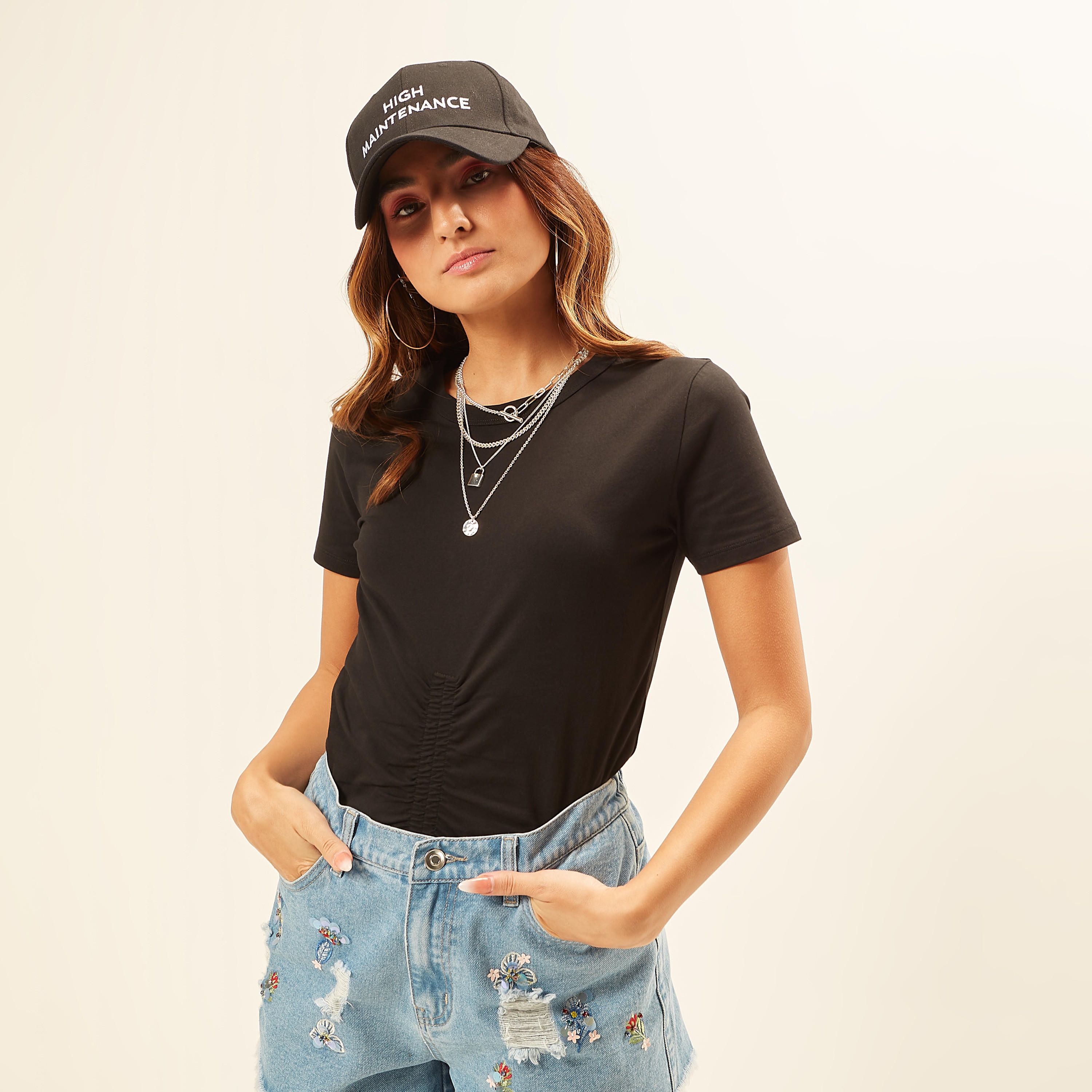 Solid Crew Neck T-shirt with Short Sleeves and Ruched Detail-women-clothing-tshirts-image-21