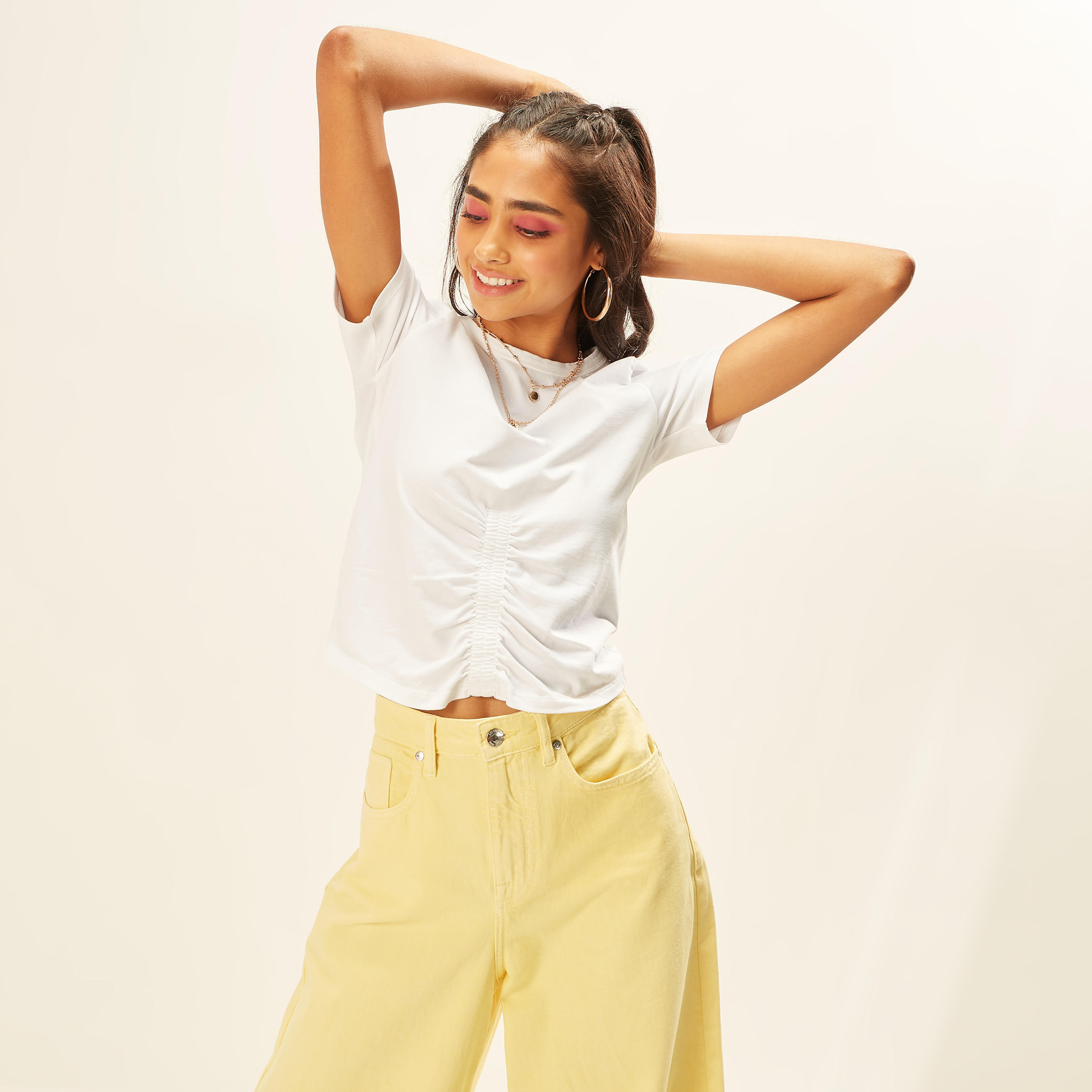 Solid Crew Neck T-shirt with Short Sleeves and Ruched Detail-women-clothing-tshirts-image-1