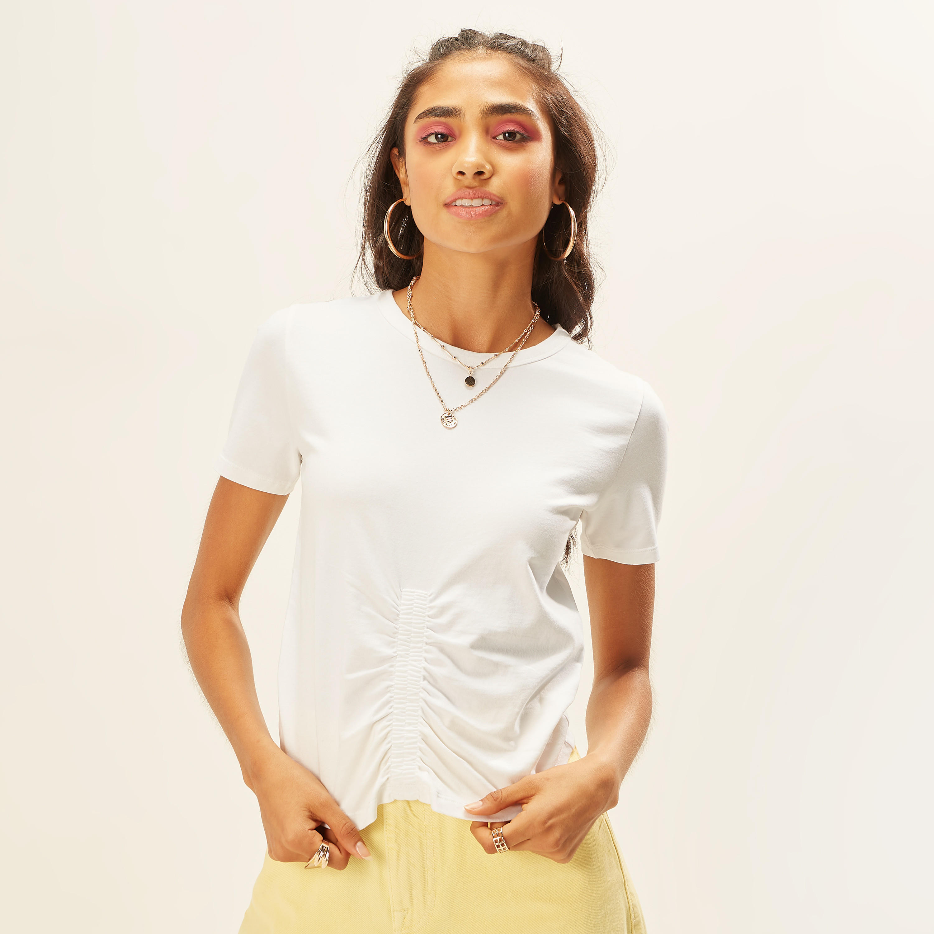 Solid Crew Neck T-shirt with Short Sleeves and Ruched Detail-women-clothing-tshirts-image-3