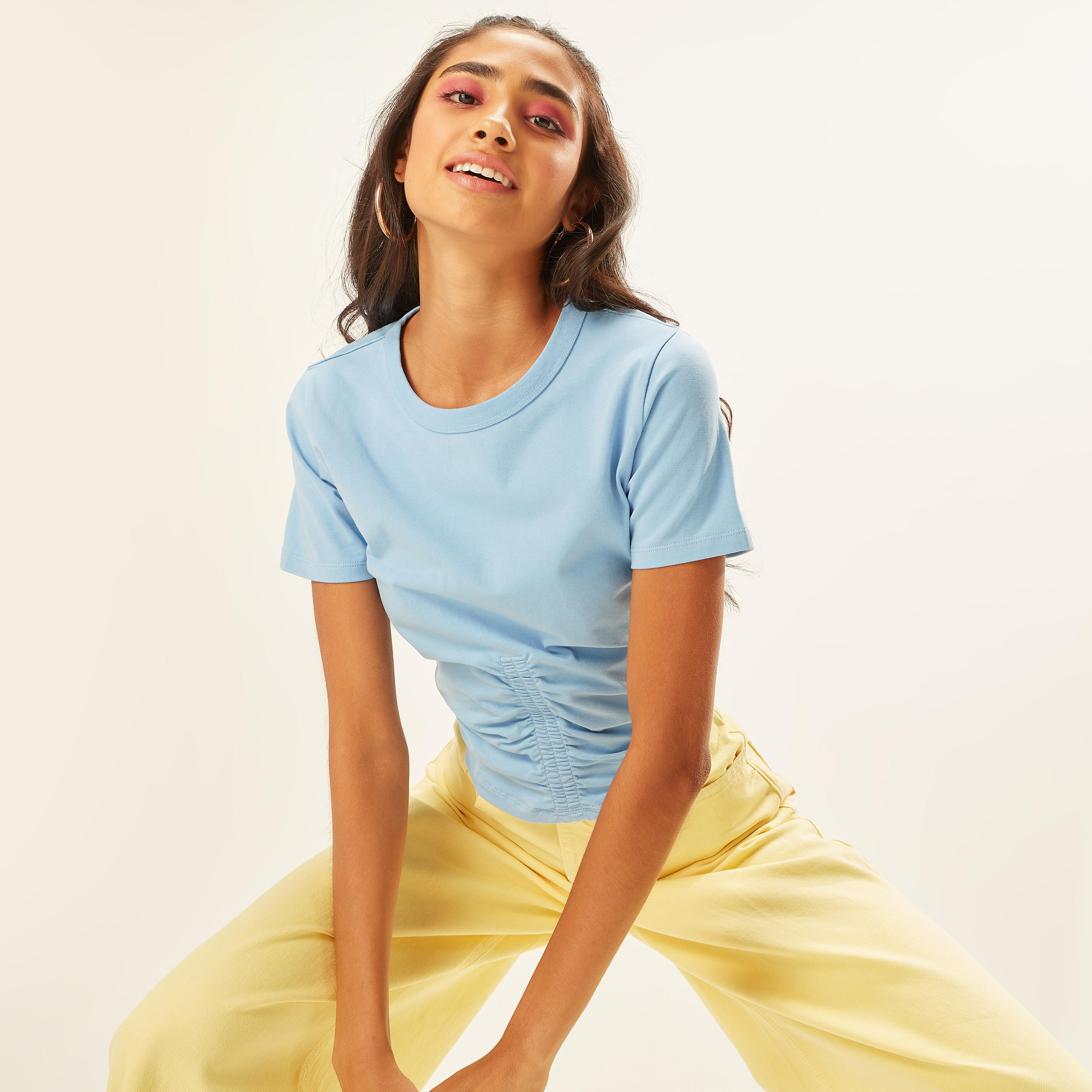 Solid Crew Neck T-shirt with Short Sleeves and Ruched Detail-women-clothing-tshirts-image-5