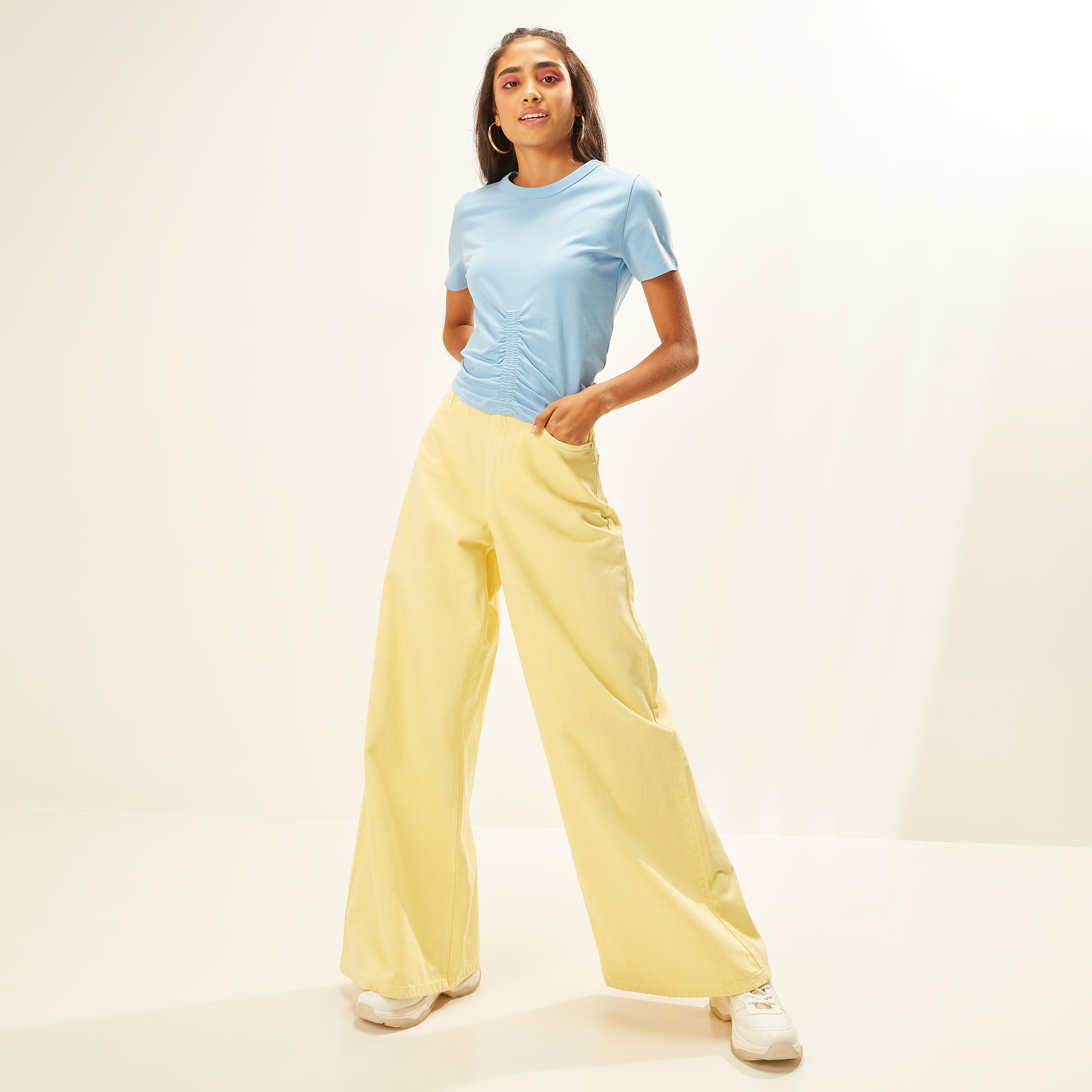 Solid Crew Neck T-shirt with Short Sleeves and Ruched Detail-women-clothing-tshirts-image-6