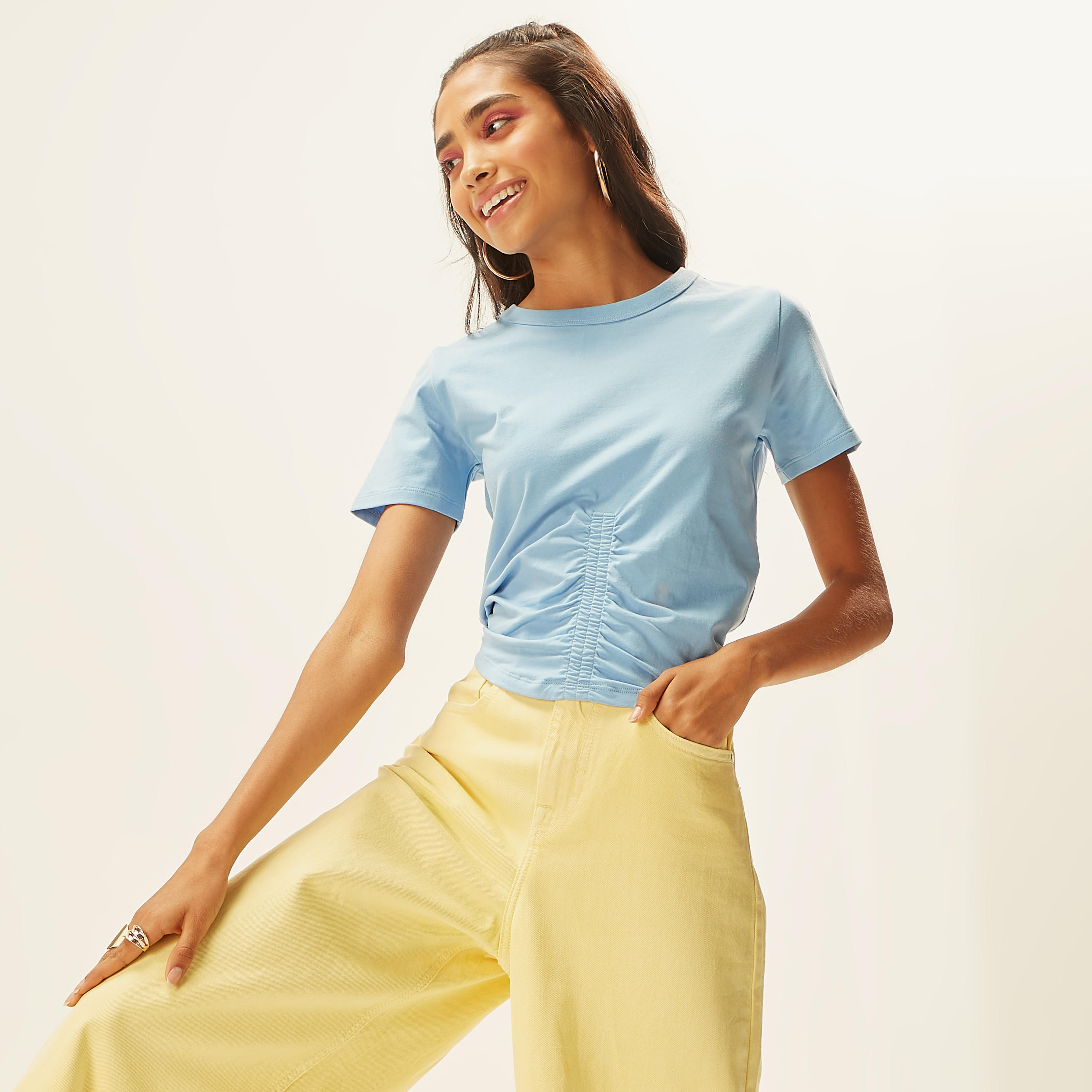 Solid Crew Neck T-shirt with Short Sleeves and Ruched Detail-women-clothing-tshirts-image-7