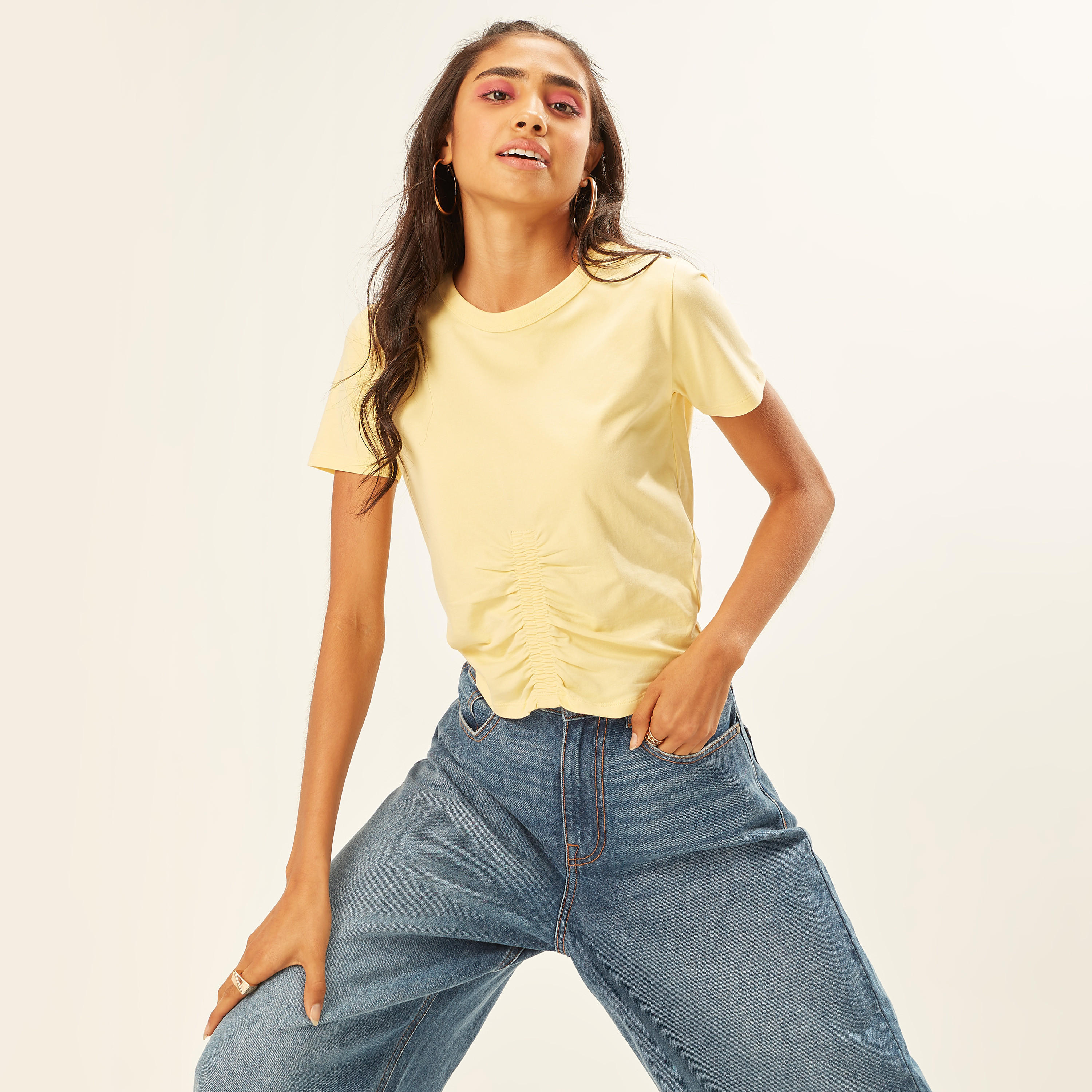 Solid Crew Neck T-shirt with Short Sleeves and Ruched Detail-women-clothing-tshirts-image-9