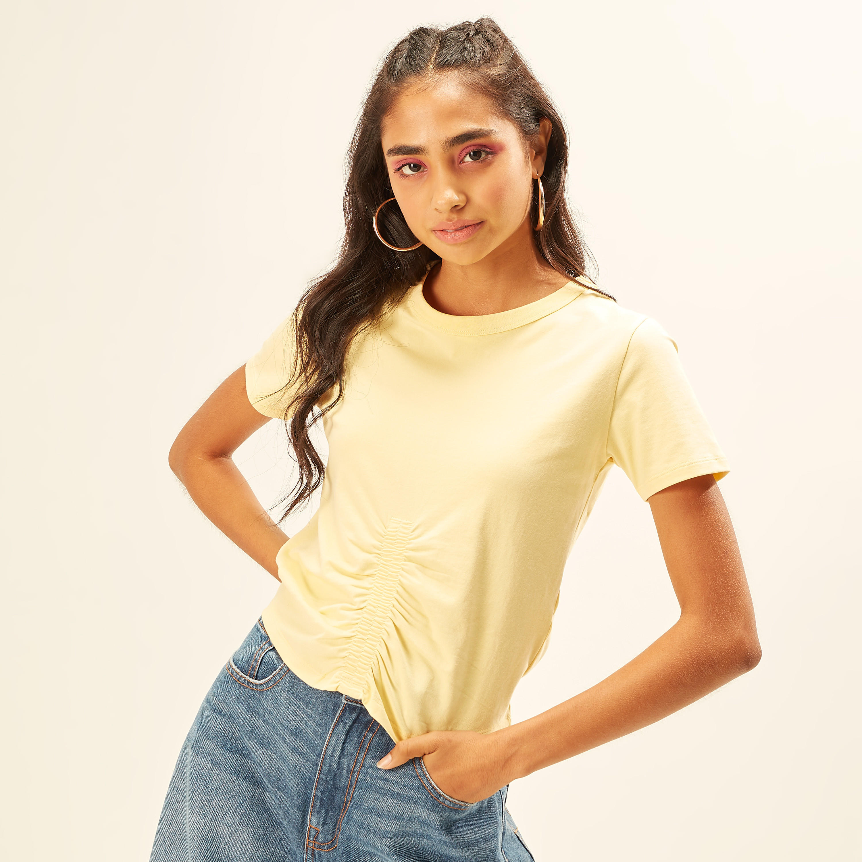 Solid Crew Neck T-shirt with Short Sleeves and Ruched Detail-women-clothing-tshirts-image-11