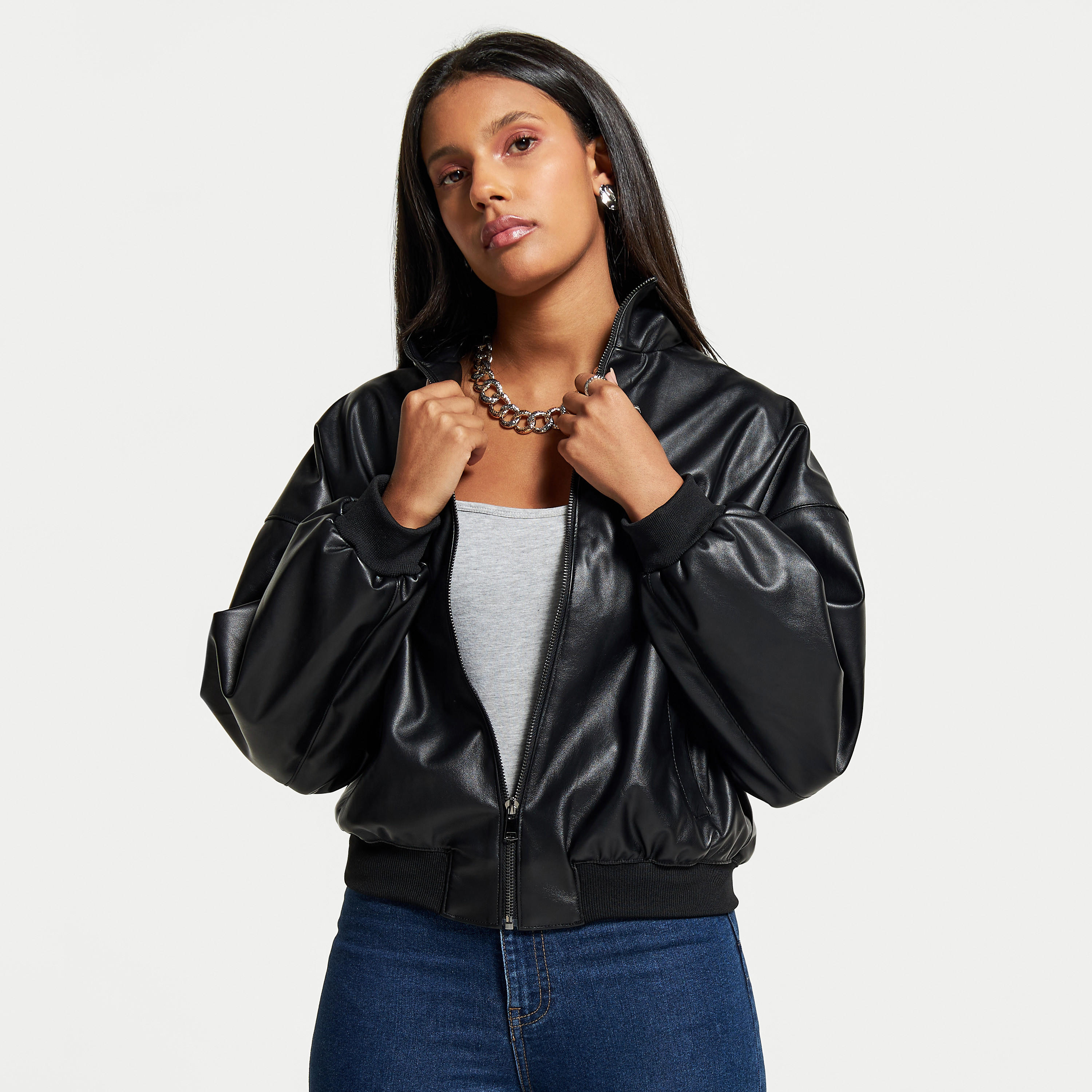 Solid Zip Through Biker Jacket with Long Sleeves and High Neck-women-winterwear-coatsandjackets-jackets-image-1