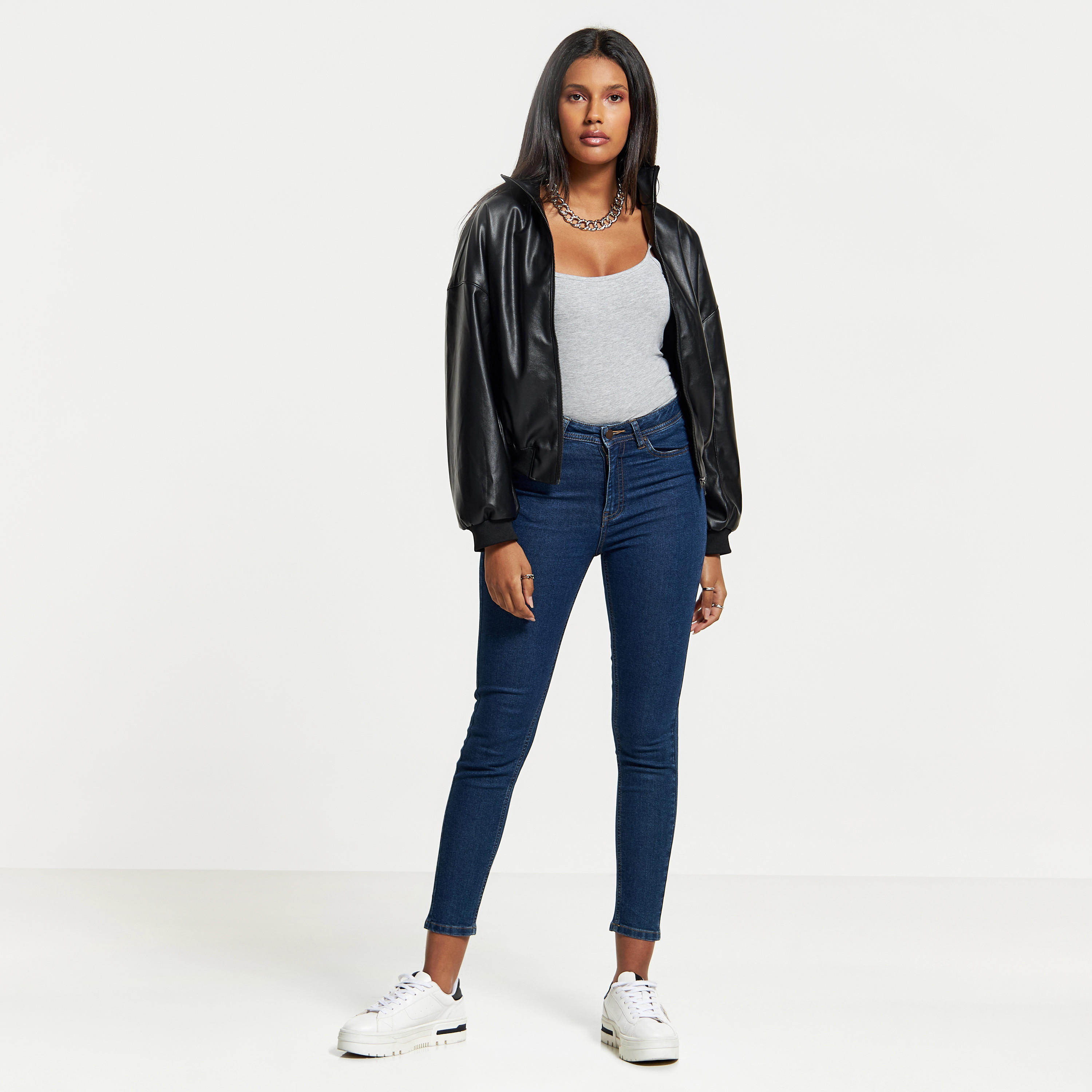 Solid Zip Through Biker Jacket with Long Sleeves and High Neck-women-winterwear-coatsandjackets-jackets-image-2