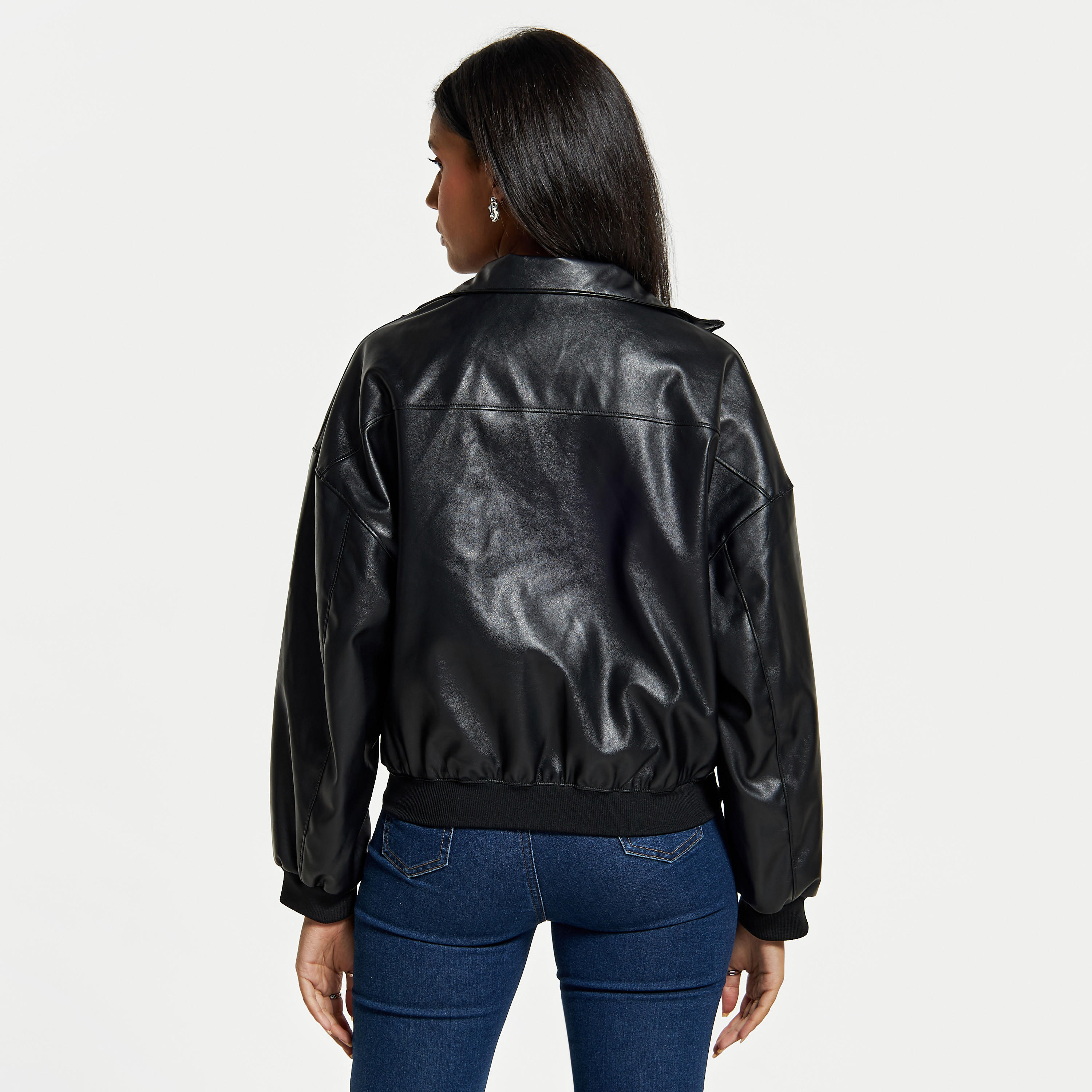 Solid Zip Through Biker Jacket with Long Sleeves and High Neck-women-winterwear-coatsandjackets-jackets-image-3