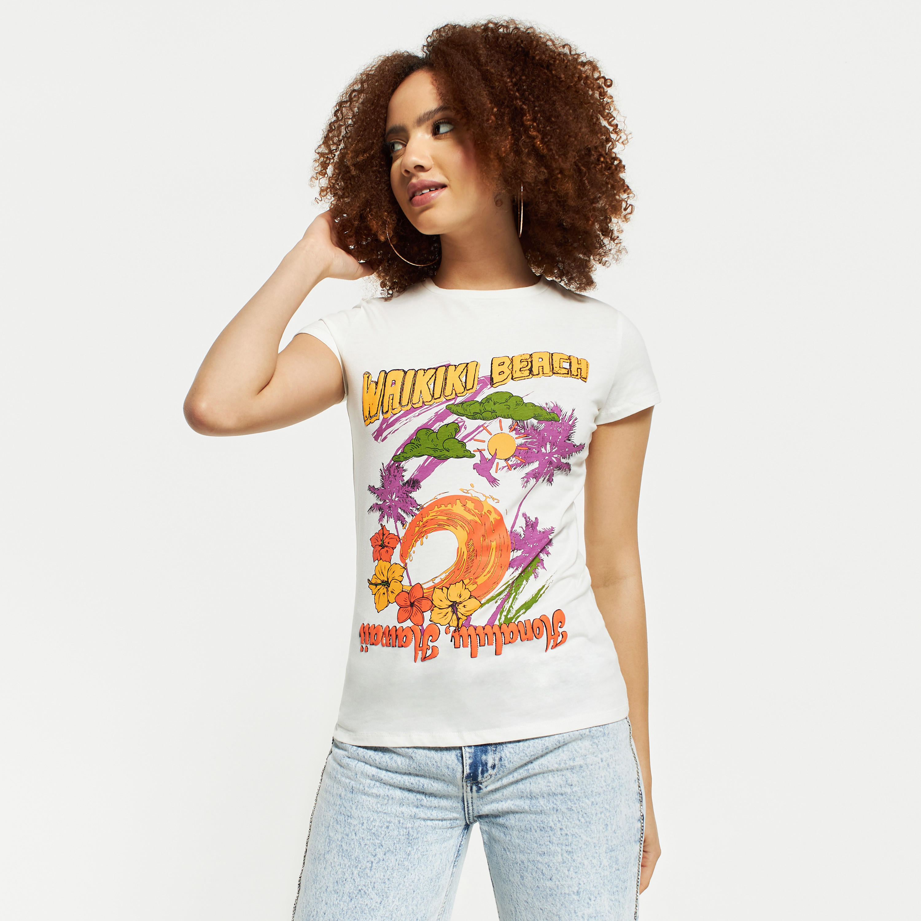 Graphic Print Crew Neck T-shirt with Cap Sleeves-women-clothing-tshirts-image-1