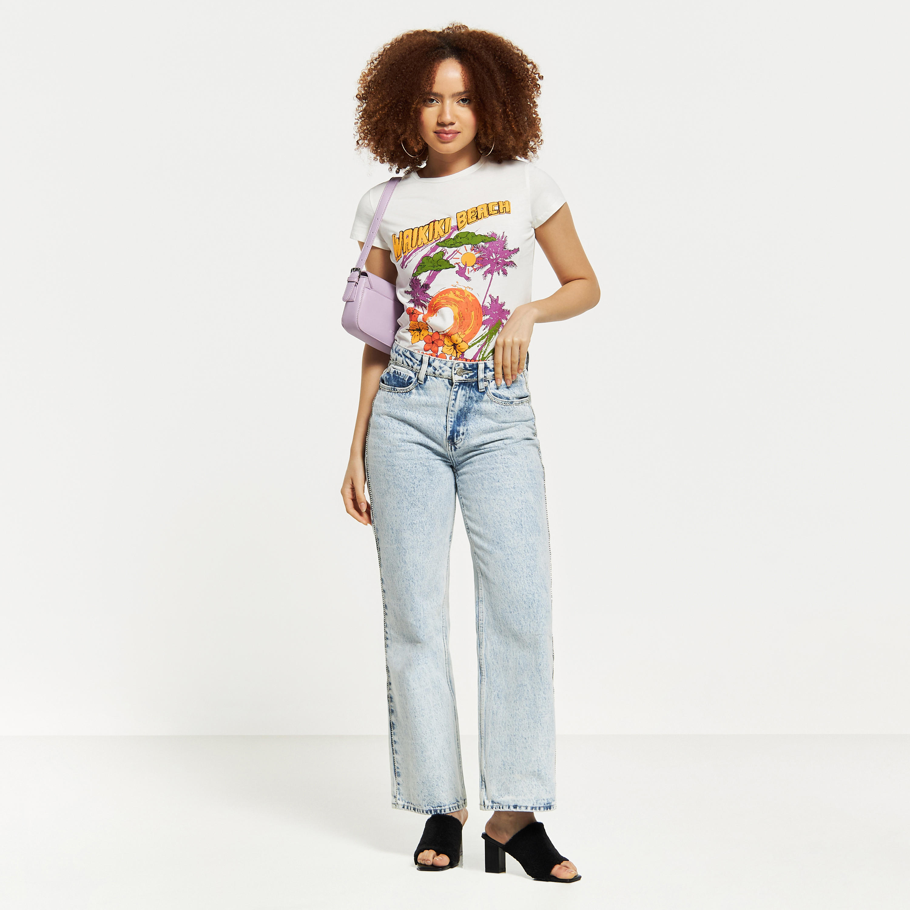 Graphic Print Crew Neck T-shirt with Cap Sleeves-women-clothing-tshirts-image-2