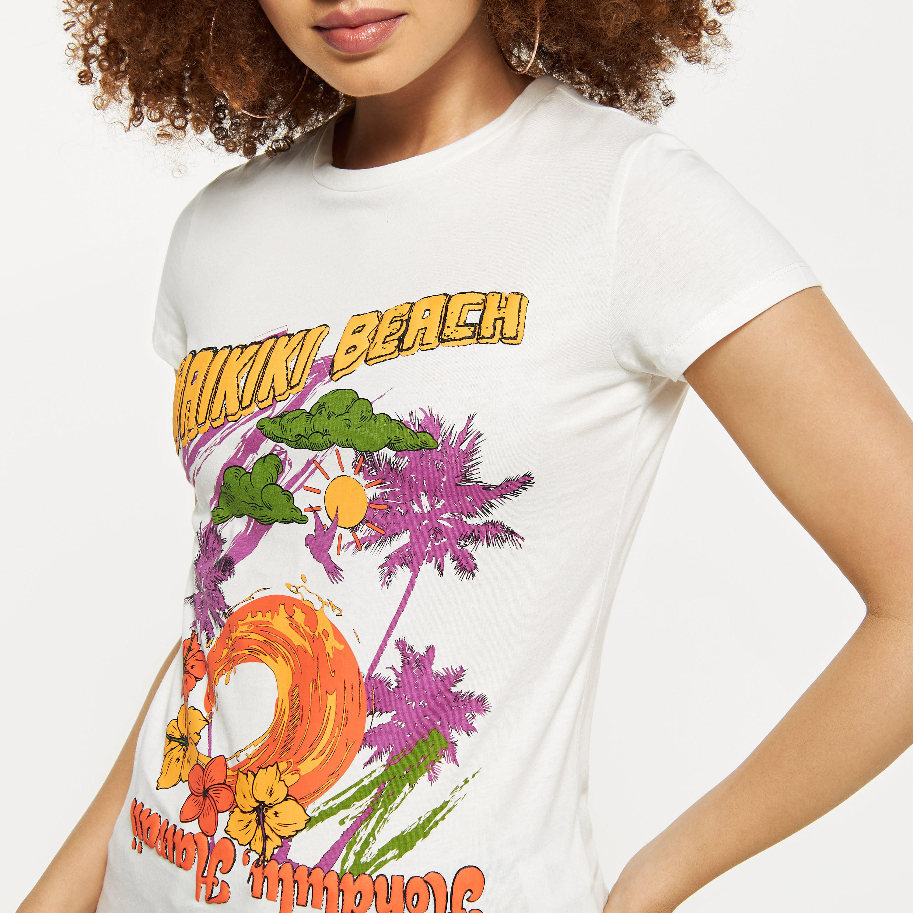 Graphic Print Crew Neck T-shirt with Cap Sleeves-women-clothing-tshirts-image-4
