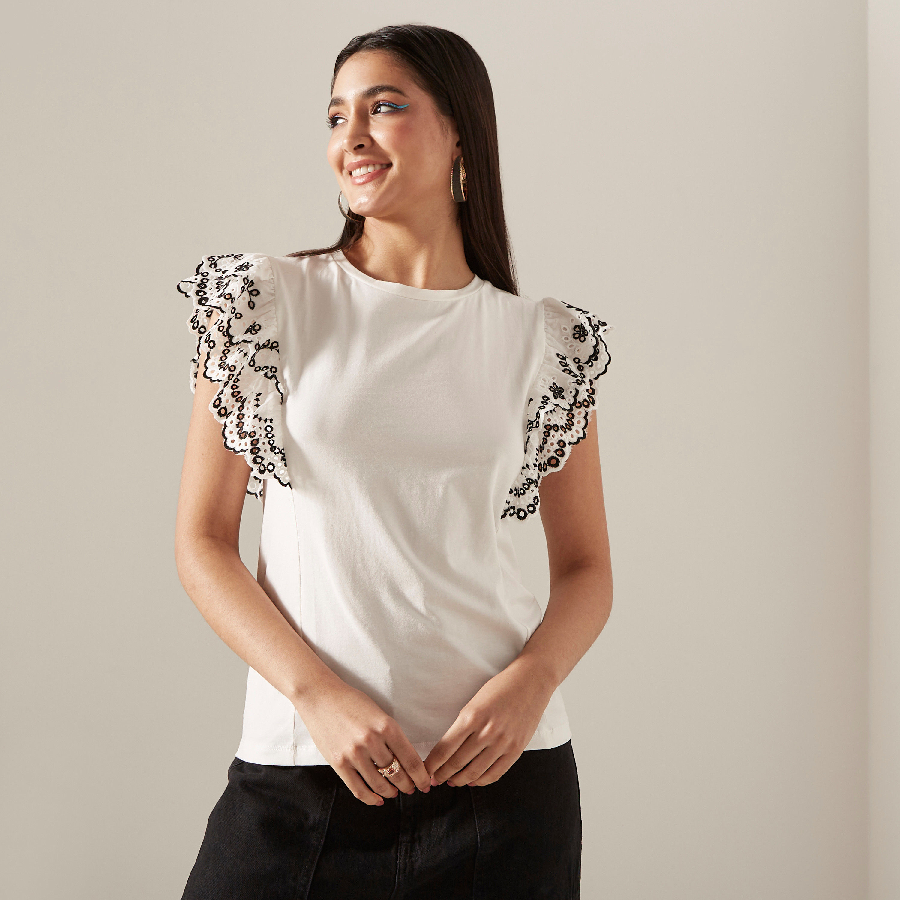 Schiffli Frill Detail Sleeveless T-shirt with Round Neck-women-clothing-tshirts-image-5