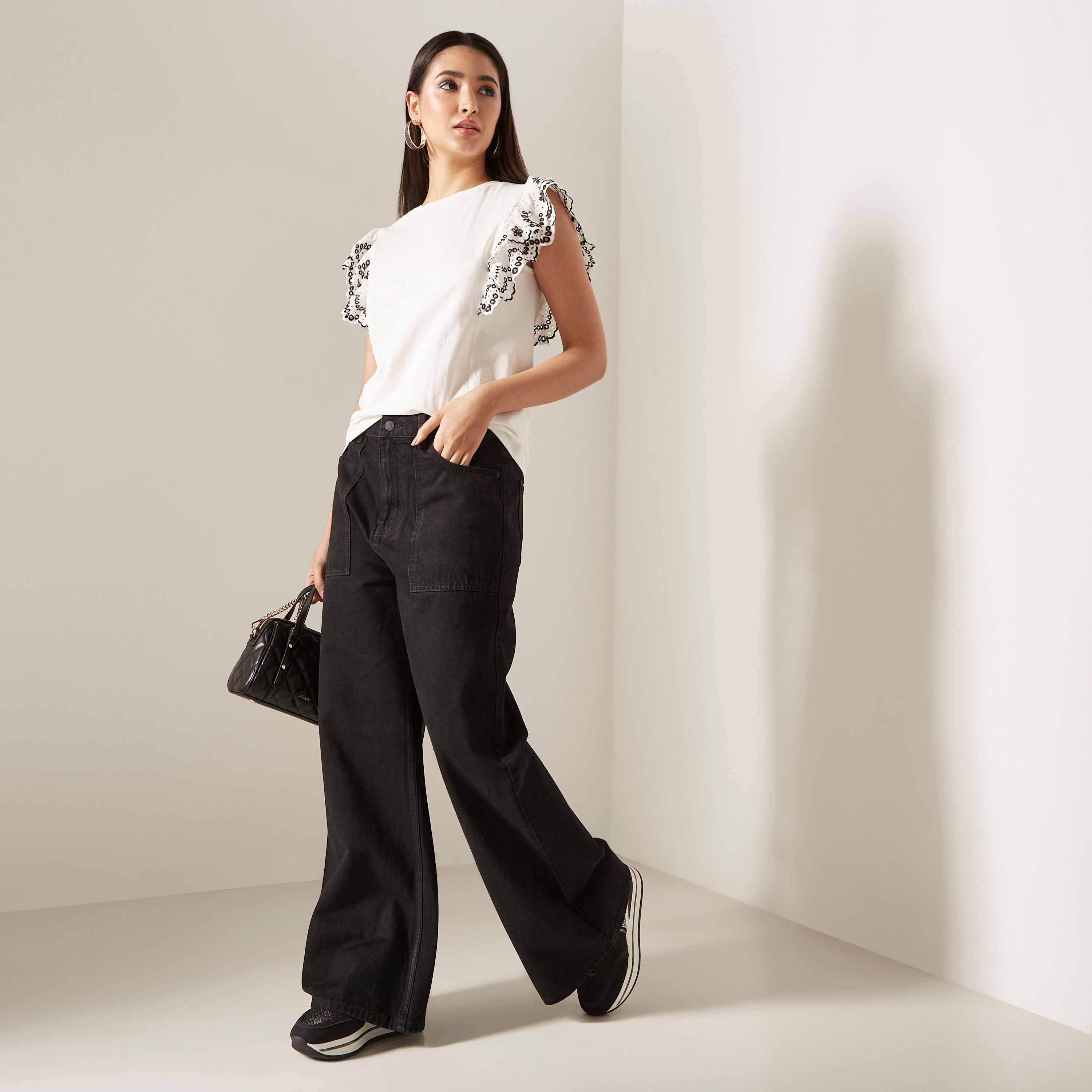Schiffli Frill Detail Sleeveless T-shirt with Round Neck-women-clothing-tshirts-image-6
