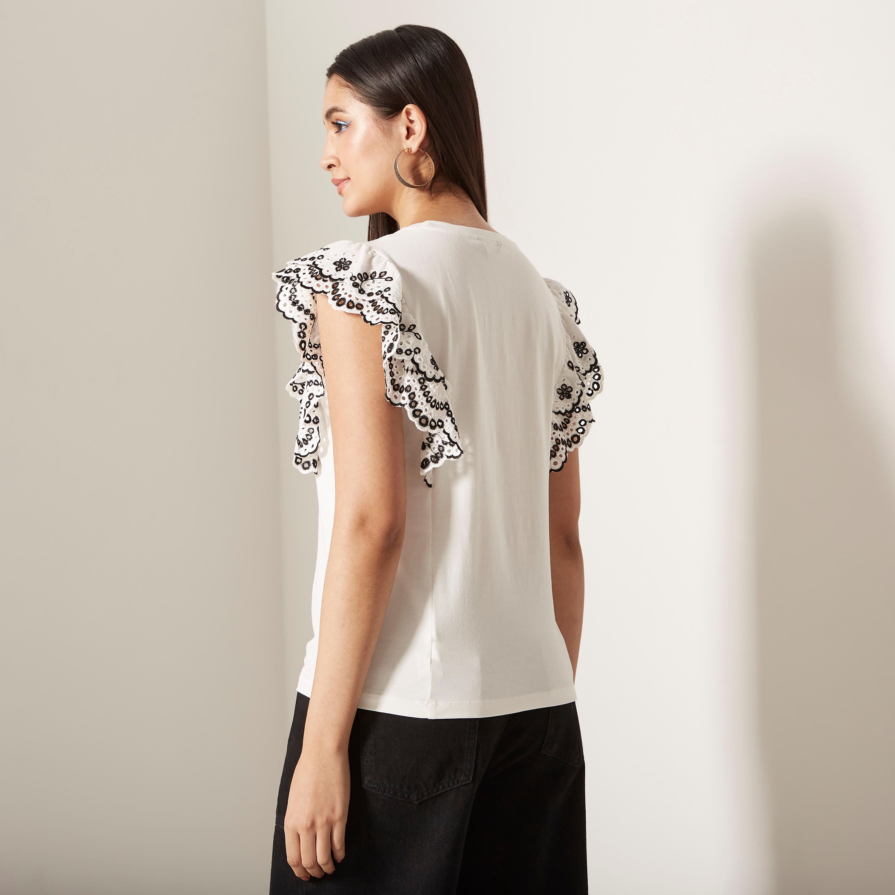 Schiffli Frill Detail Sleeveless T-shirt with Round Neck-women-clothing-tshirts-image-7