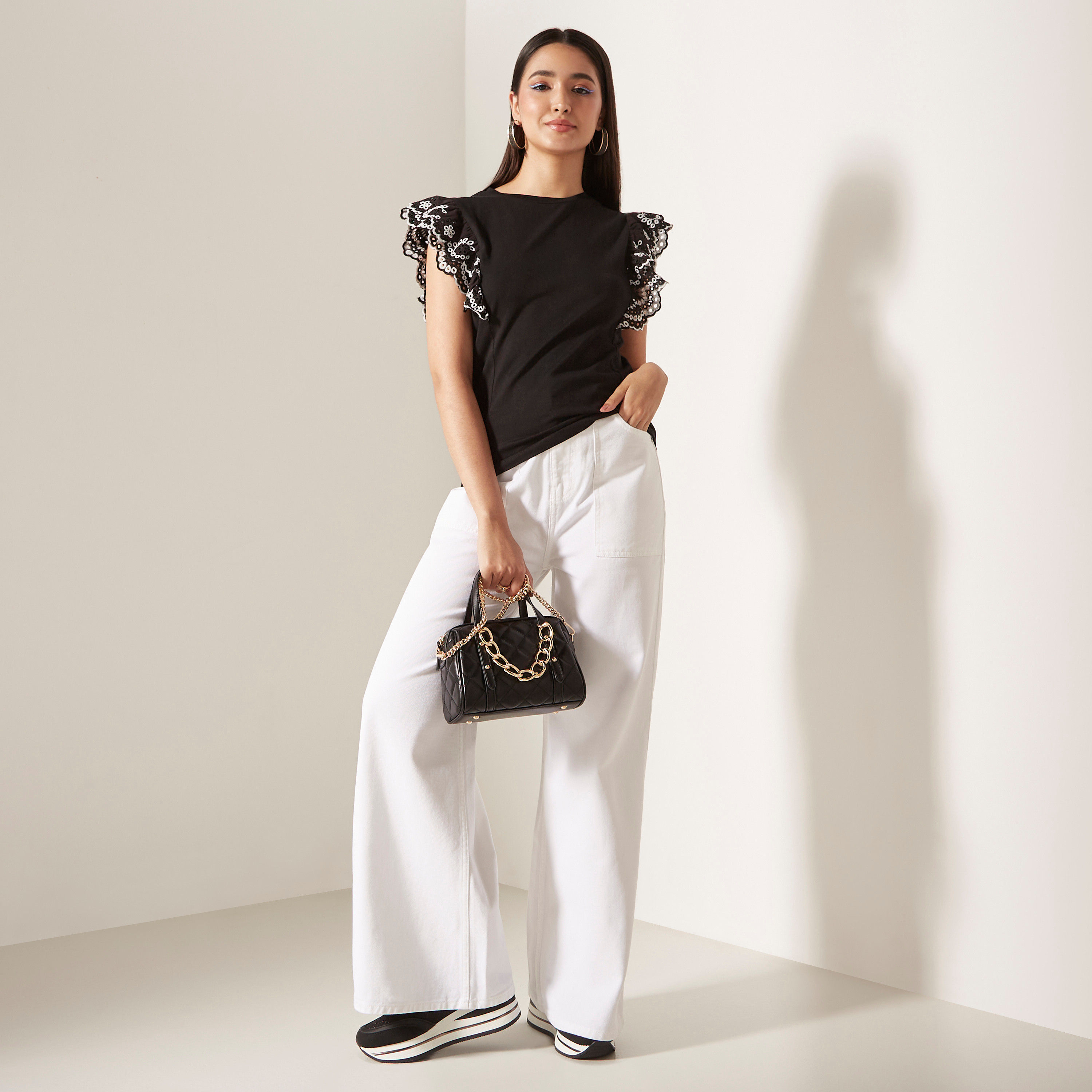 Schiffli Frill Detail Sleeveless T-shirt with Round Neck-women-clothing-tshirts-image-2