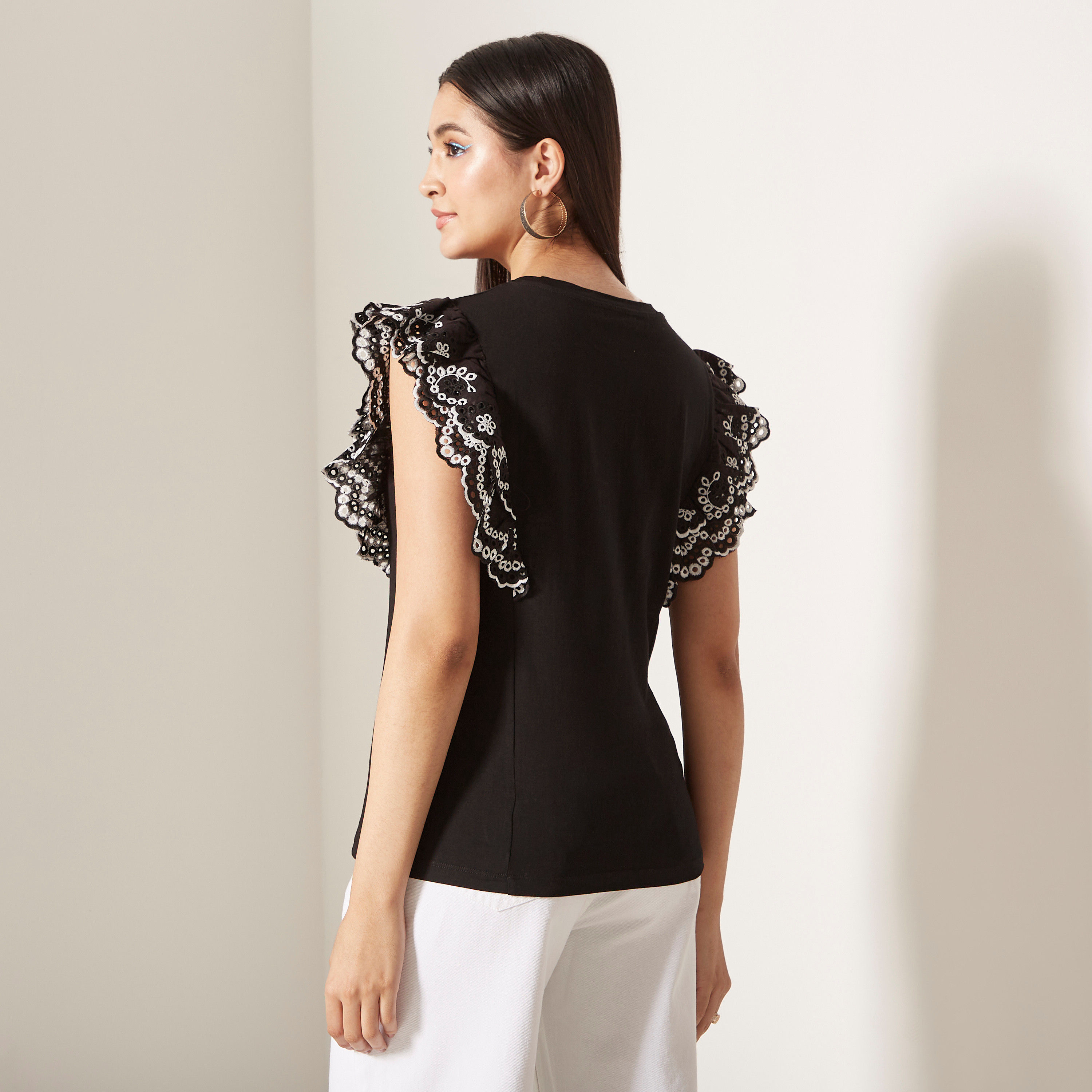 Schiffli Frill Detail Sleeveless T-shirt with Round Neck-women-clothing-tshirts-image-3