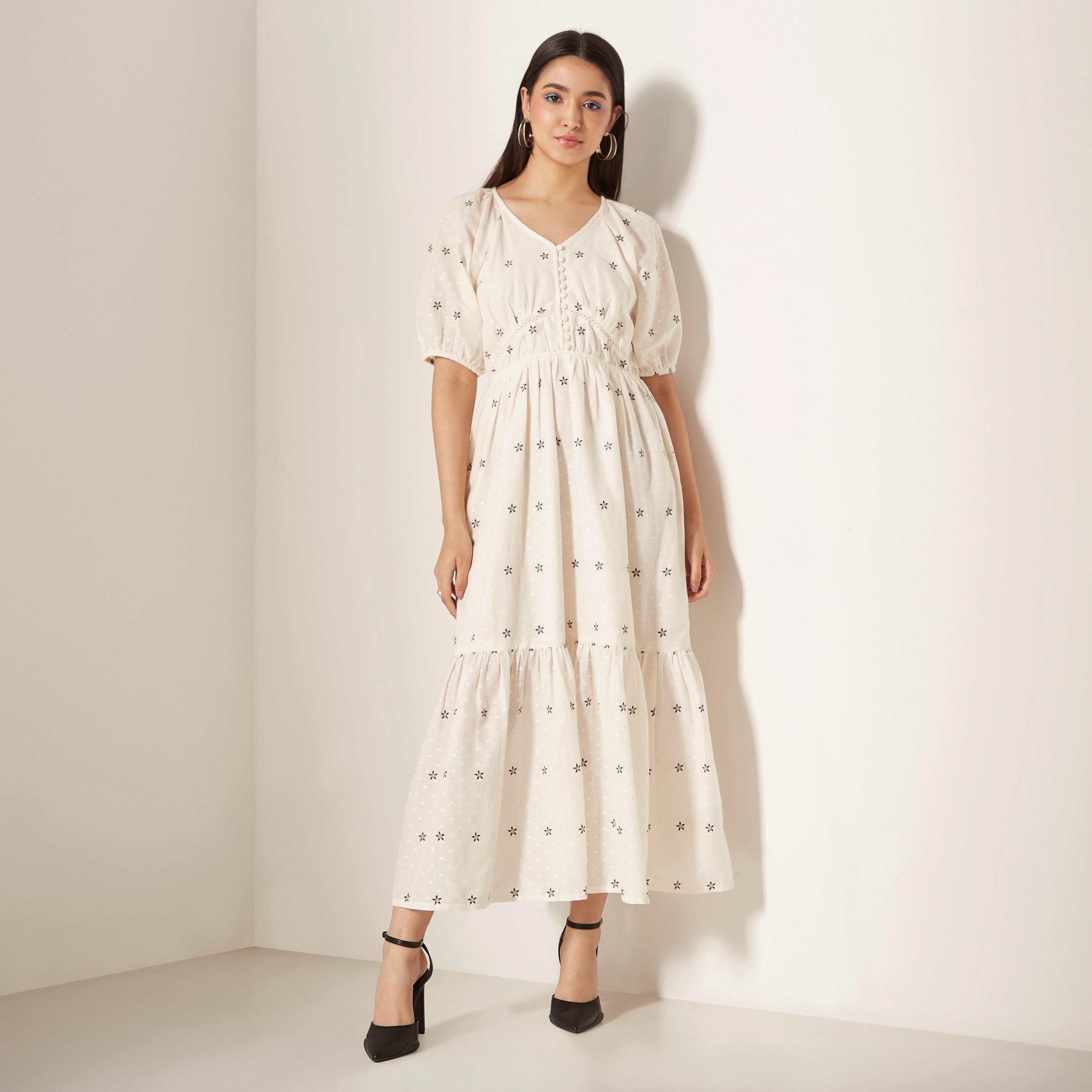 All-Over Floral Print Lurex Maxi Dress with Puff Sleeves-women-clothing-dresses-image-1
