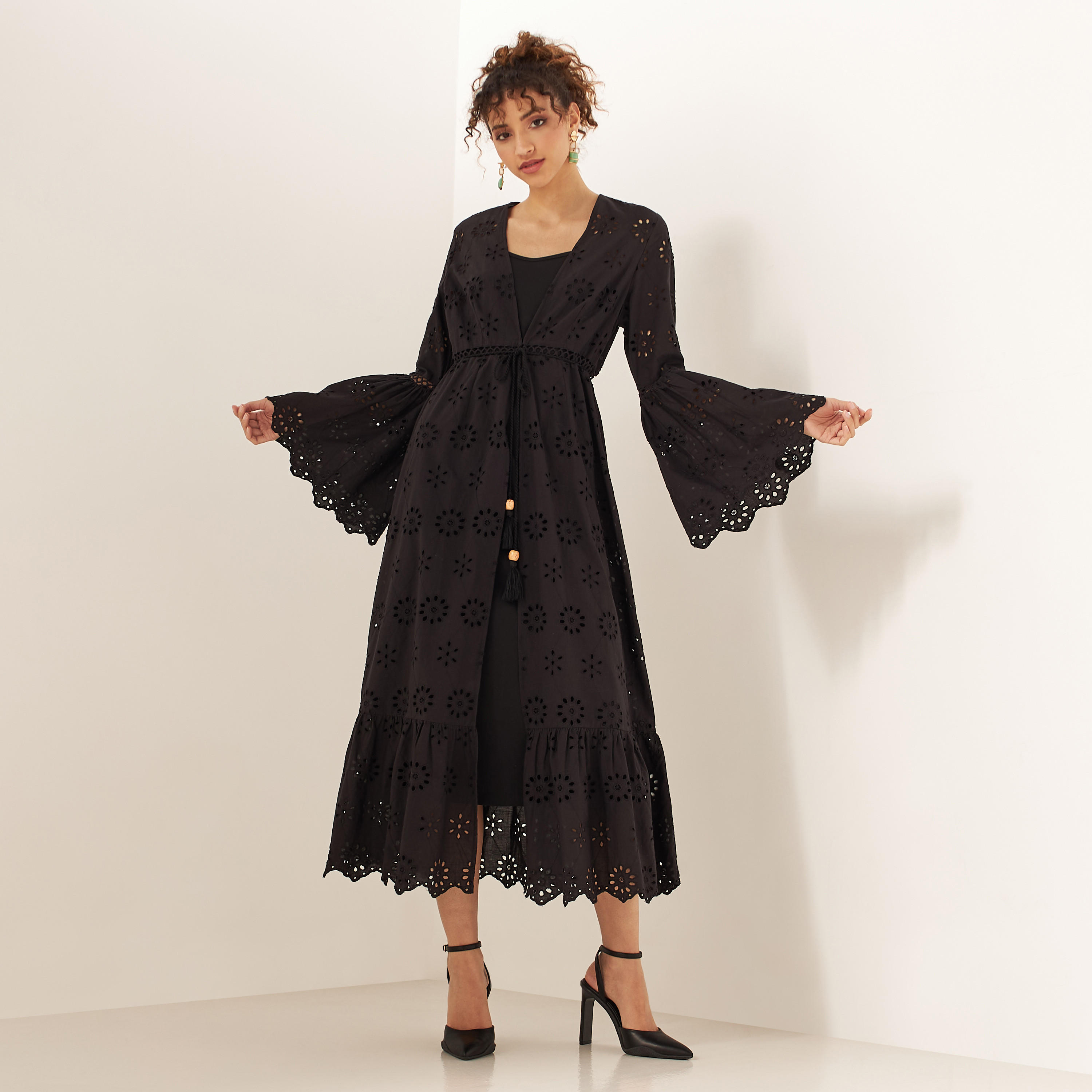 Schiffli Textured Longline Kimono with Bell Sleeves and Waist Tie-Ups-women-clothing-shirtsandblouses-blouses-image-1