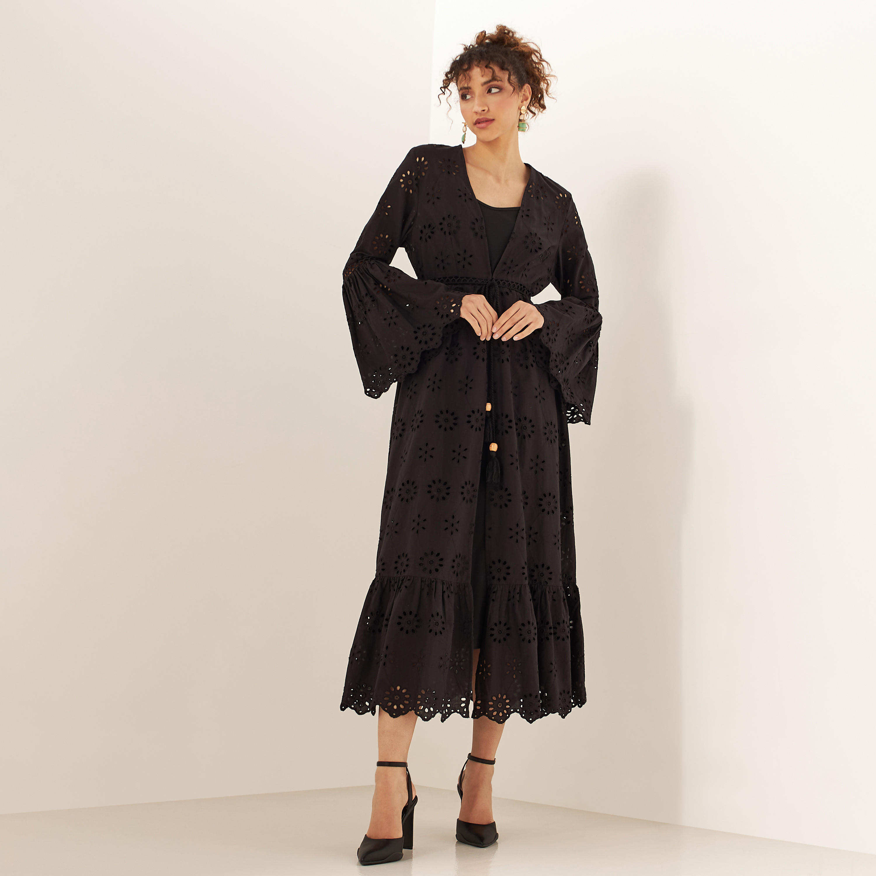 Schiffli Textured Longline Kimono with Bell Sleeves and Waist Tie-Ups-women-clothing-shirtsandblouses-blouses-image-2