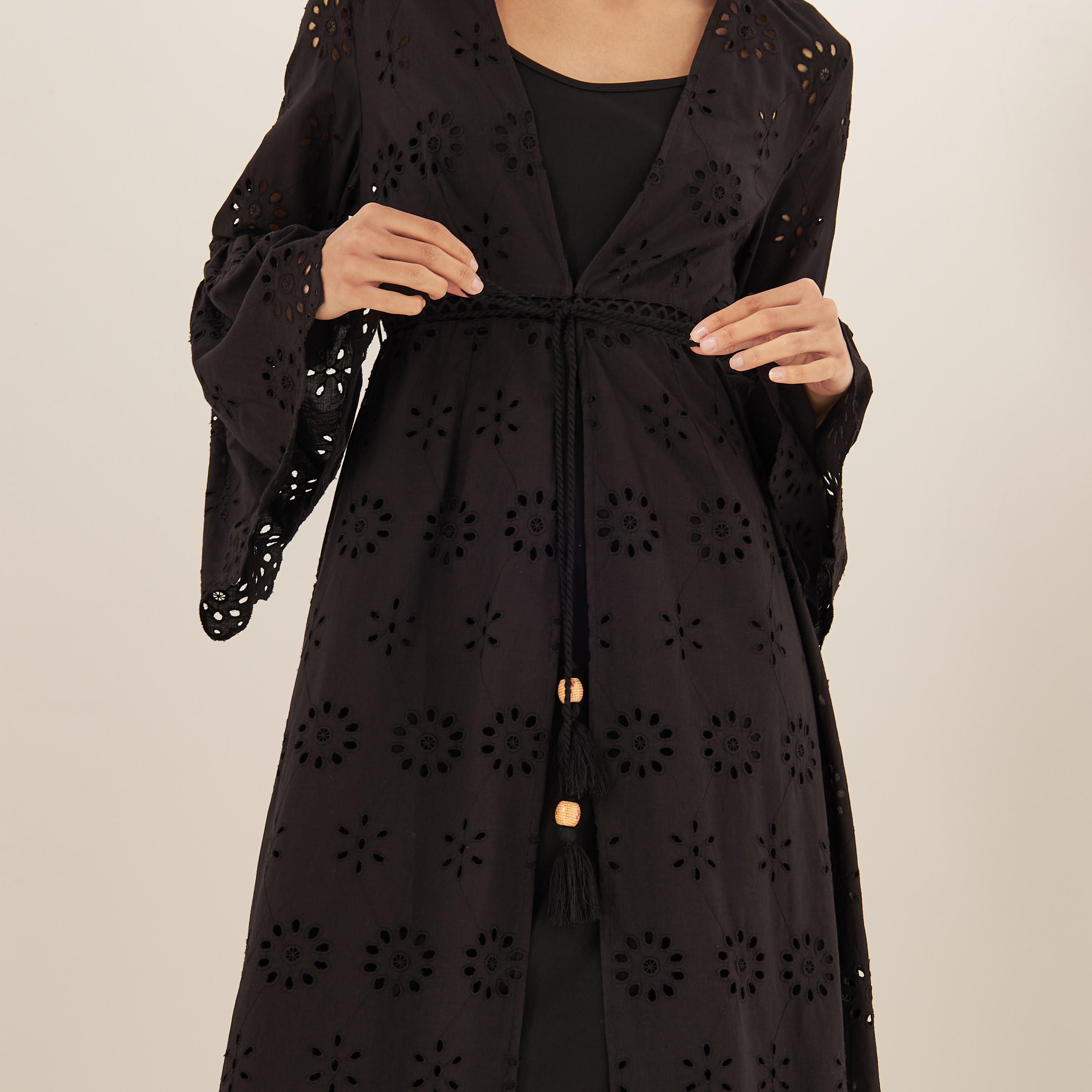 Schiffli Textured Longline Kimono with Bell Sleeves and Waist Tie-Ups-women-clothing-shirtsandblouses-blouses-image-4