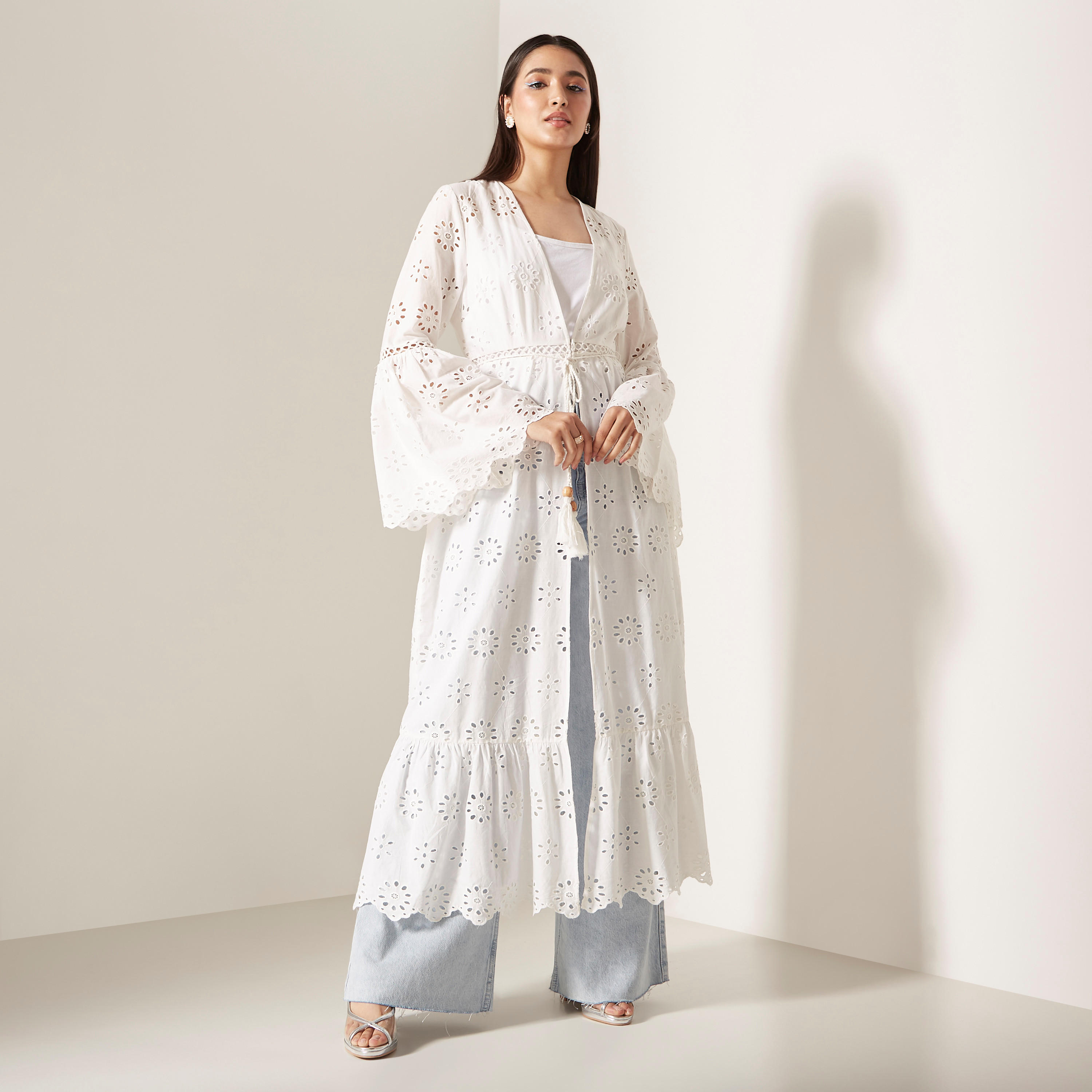 Schiffli Textured Longline Kimono with Bell Sleeves and Waist Tie-Ups-women-clothing-shirtsandblouses-blouses-image-5