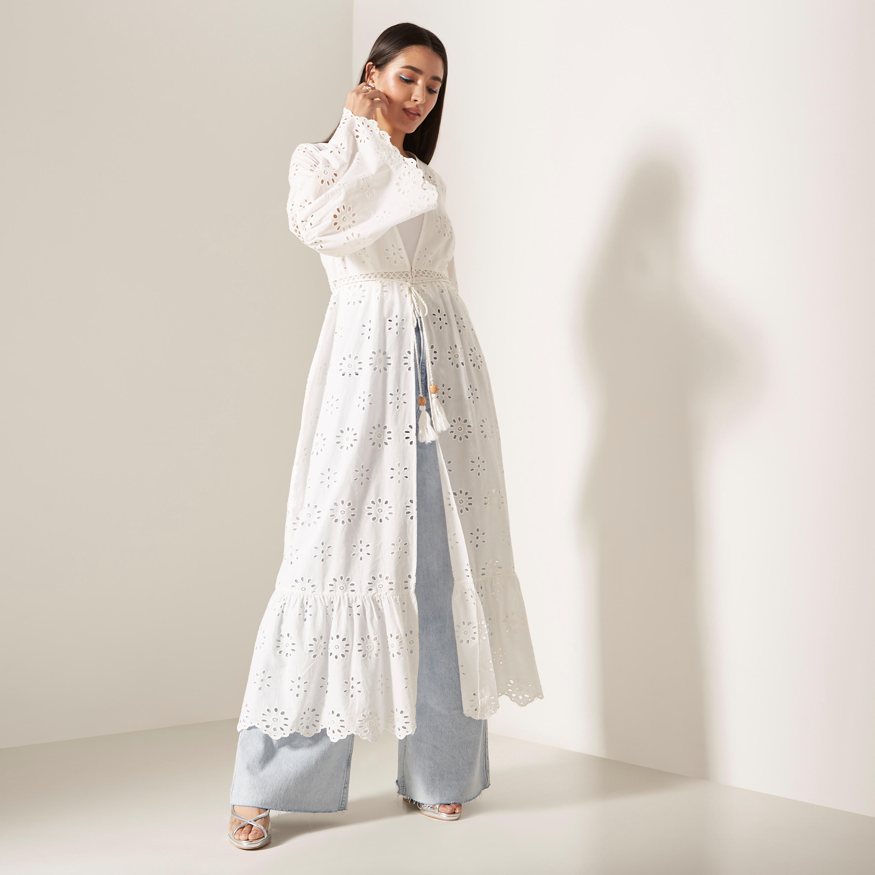 Schiffli Textured Longline Kimono with Bell Sleeves and Waist Tie-Ups-women-clothing-shirtsandblouses-blouses-image-6