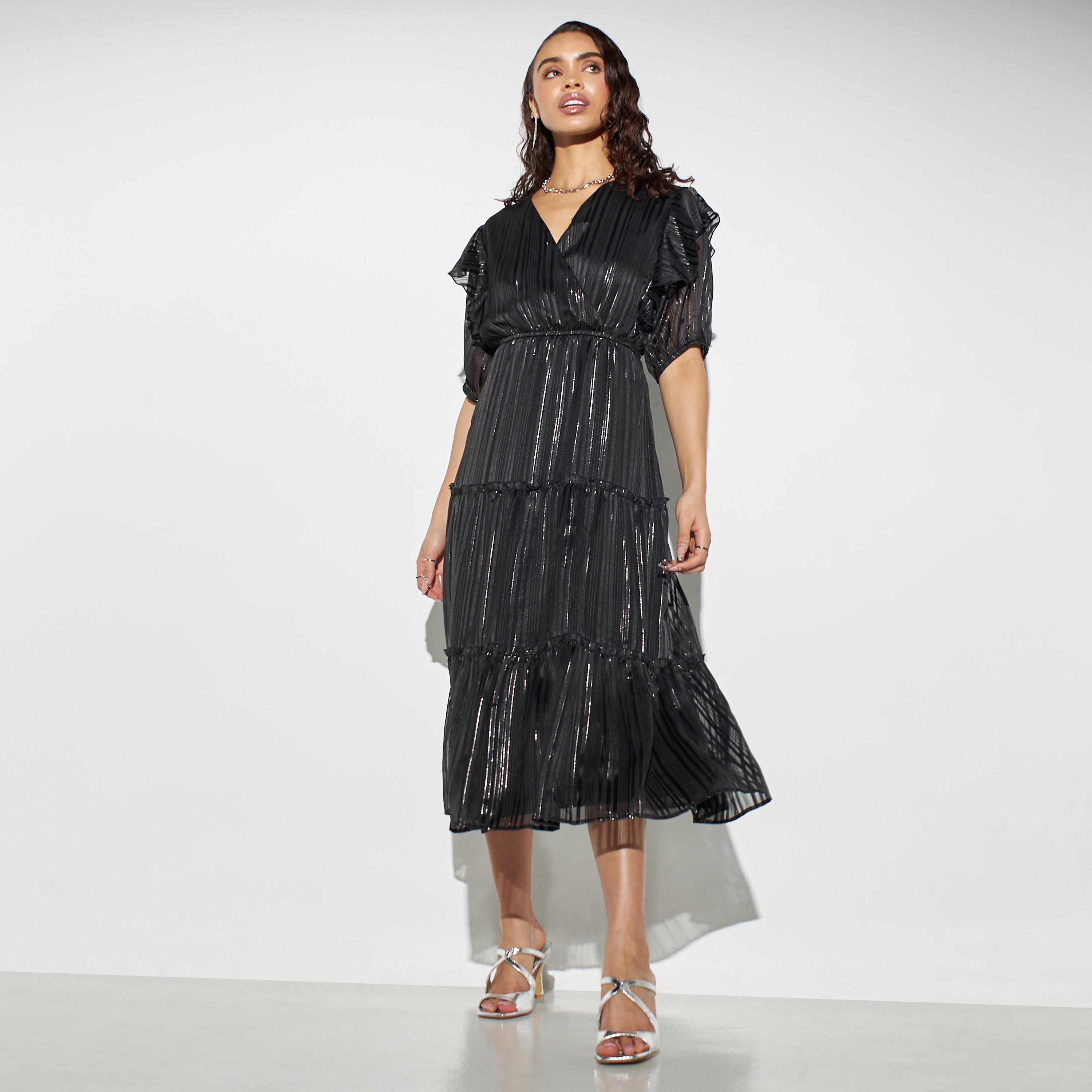 Striped Lurex Satin Tiered Midi Dress with Ruffles-women-clothing-dresses-image-1