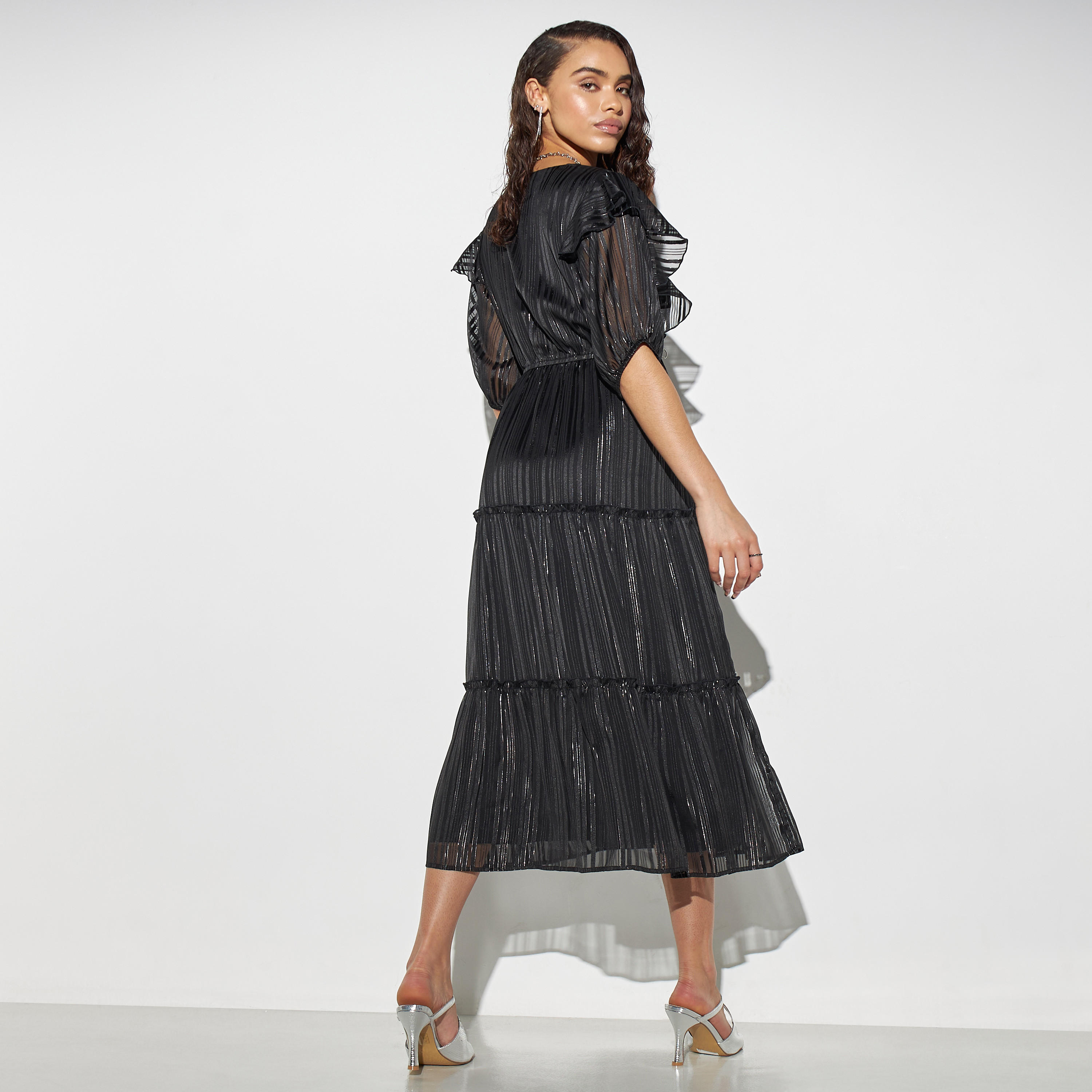 Striped Lurex Satin Tiered Midi Dress with Ruffles-women-clothing-dresses-image-2