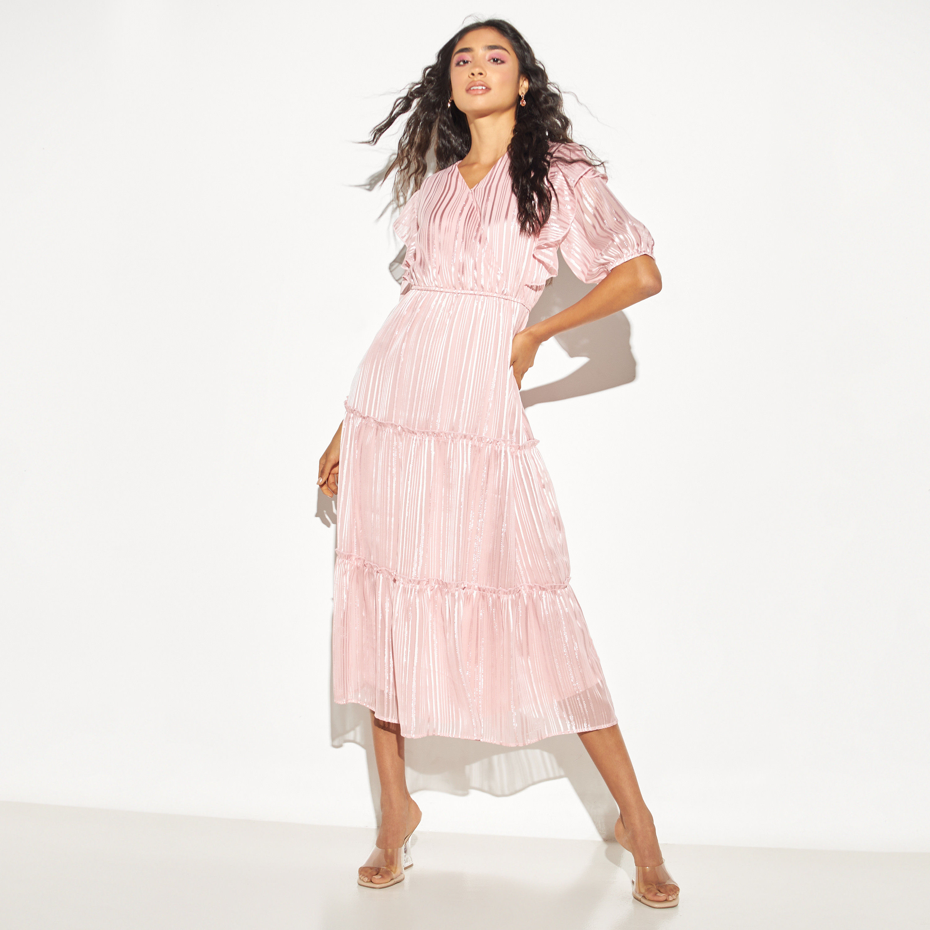 Striped Lurex Satin Tiered Midi Dress with Ruffles-women-clothing-dresses-image-5