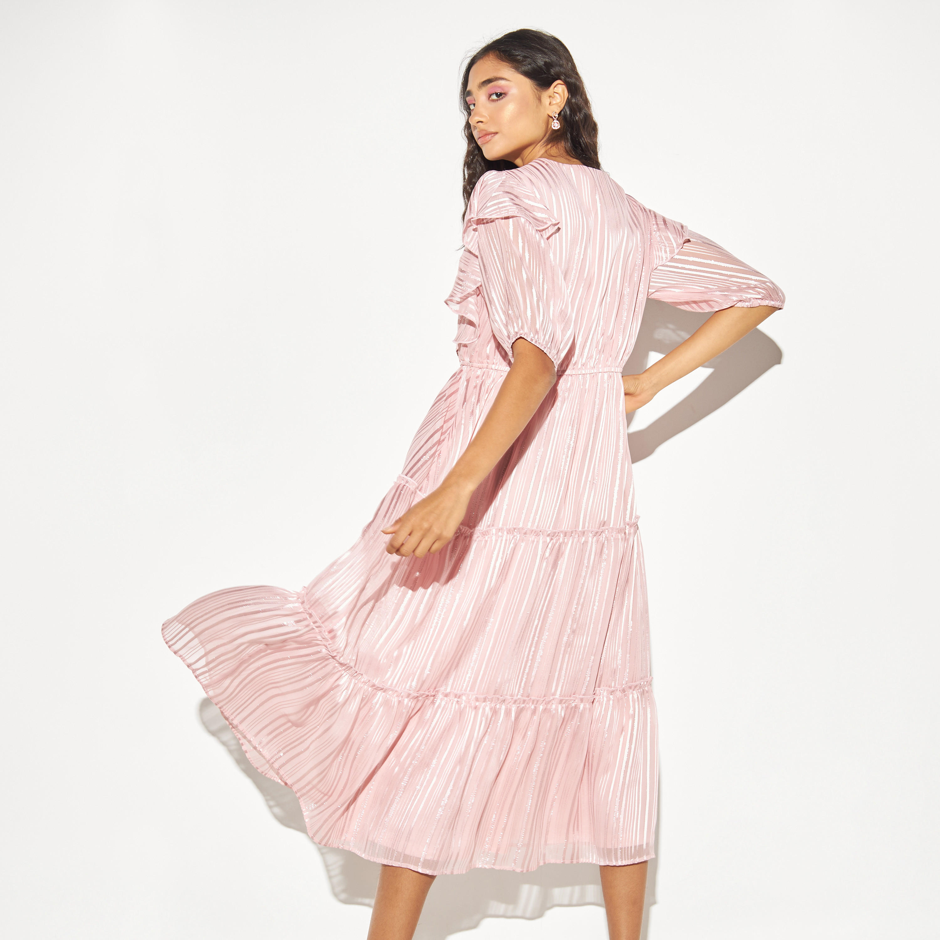 Striped Lurex Satin Tiered Midi Dress with Ruffles-women-clothing-dresses-image-7