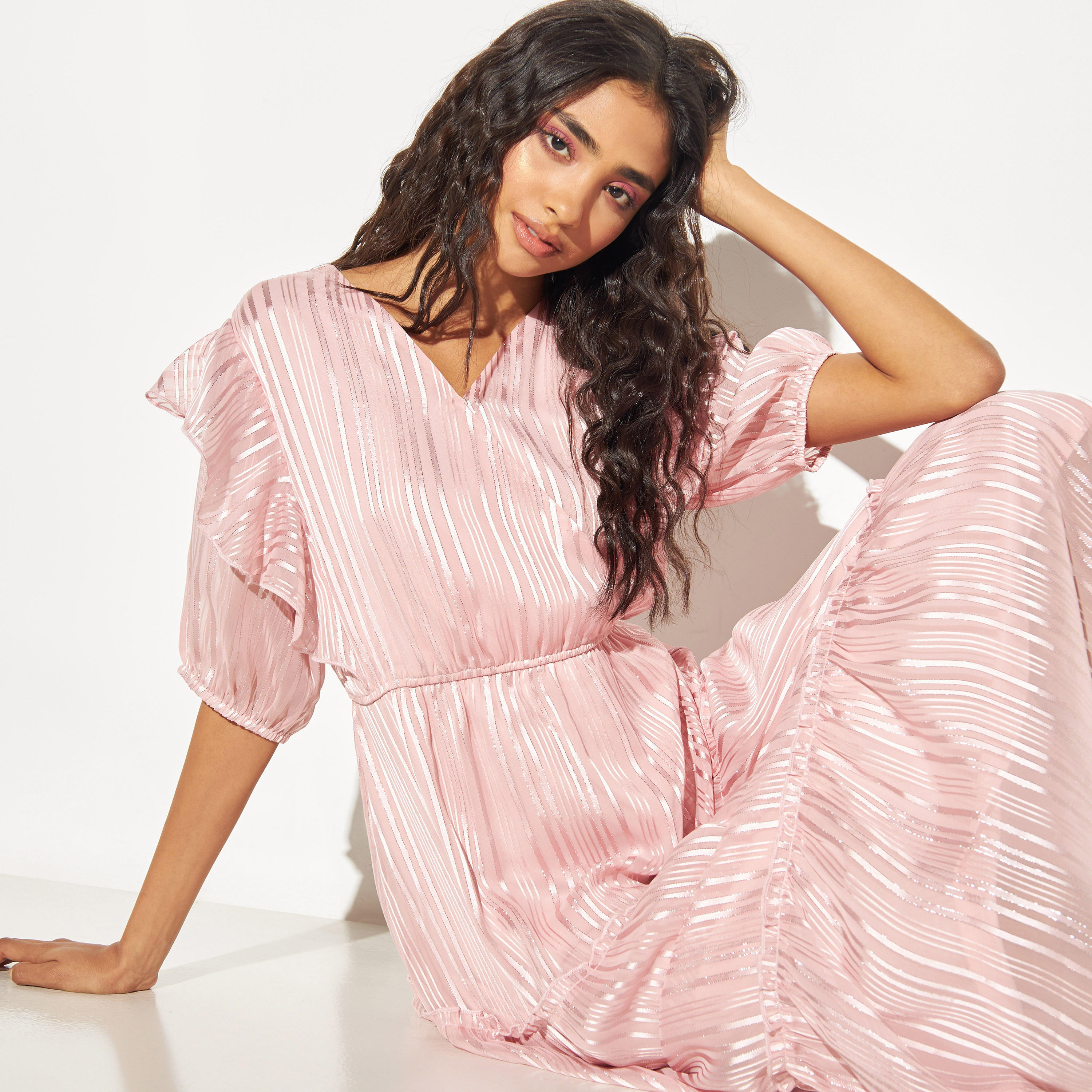 Striped Lurex Satin Tiered Midi Dress with Ruffles-women-clothing-dresses-image-8