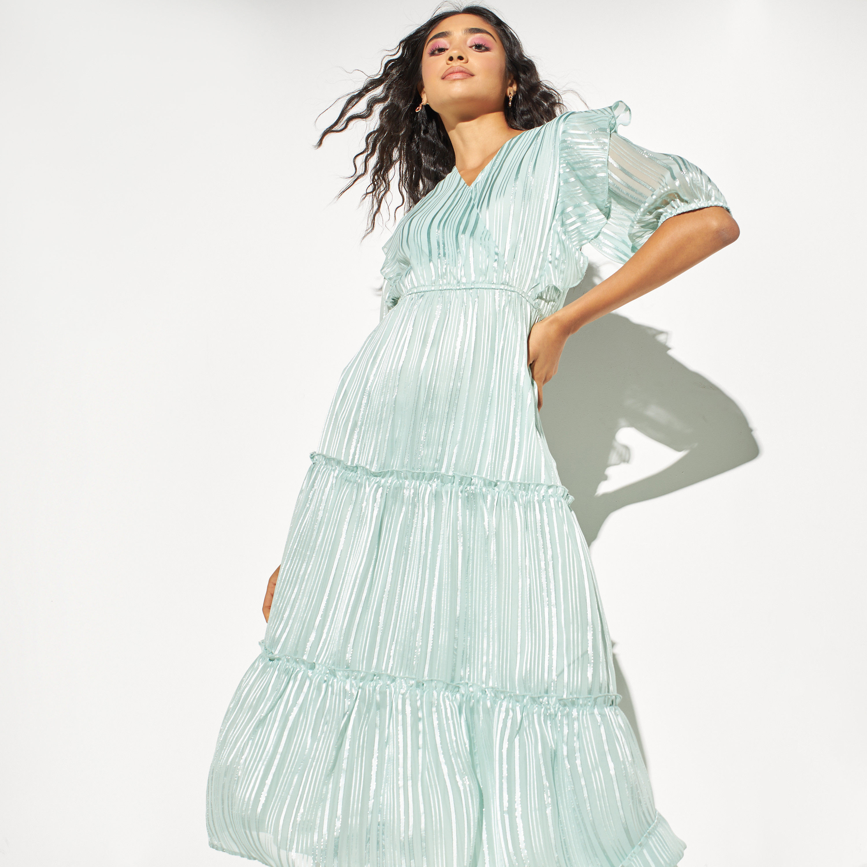 Striped Lurex Satin Tiered Midi Dress with Ruffles-women-clothing-dresses-image-9