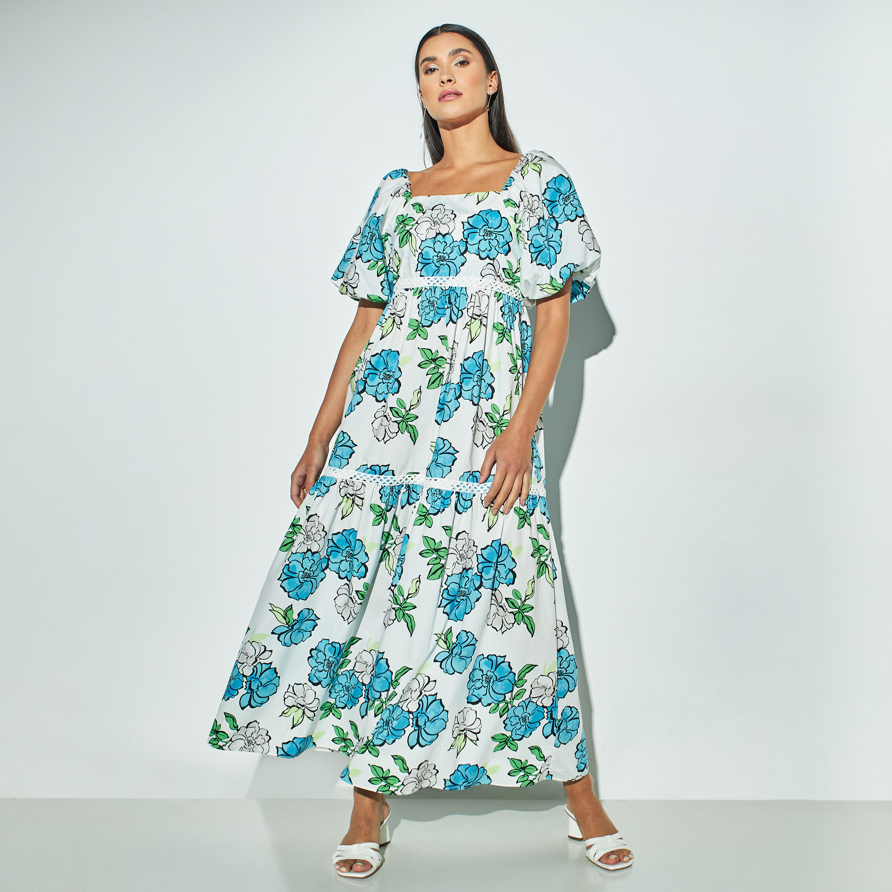فستان طويل بياقة مربعة وطبعات زهور وأكمام منفوخة-women-clothing-dresses-image-1