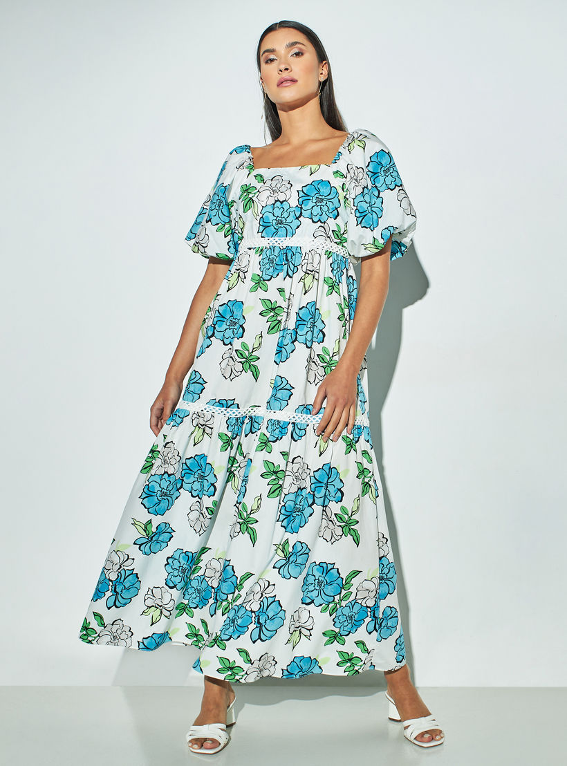 فستان طويل بياقة مربعة وطبعات زهور وأكمام منفوخة-women-clothing-dresses-image-1
