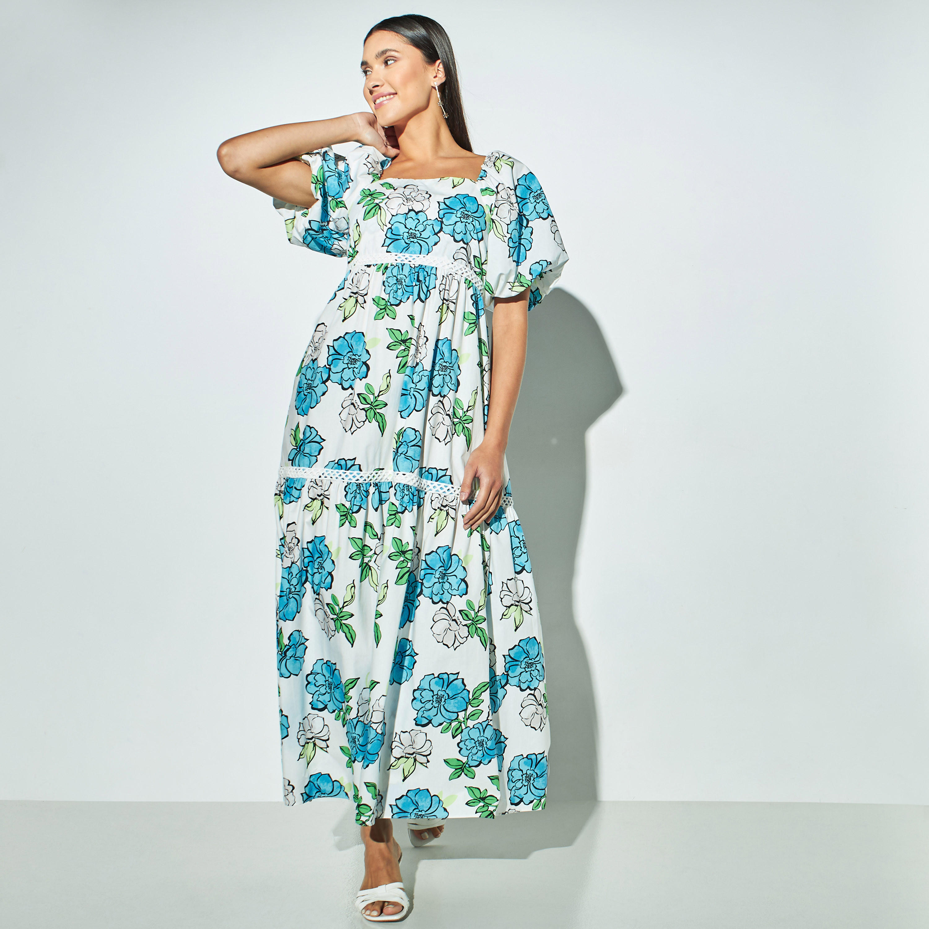 فستان طويل بياقة مربعة وطبعات زهور وأكمام منفوخة-women-clothing-dresses-image-2