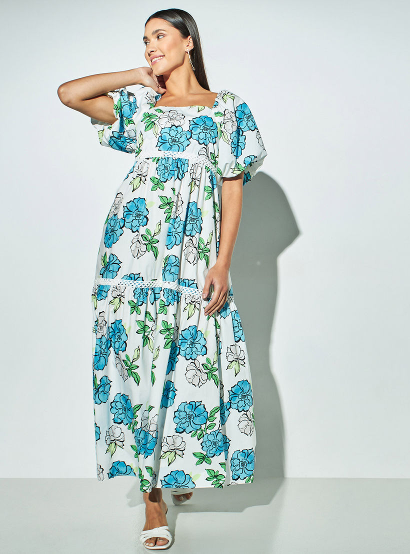 فستان طويل بياقة مربعة وطبعات زهور وأكمام منفوخة-women-clothing-dresses-image-2