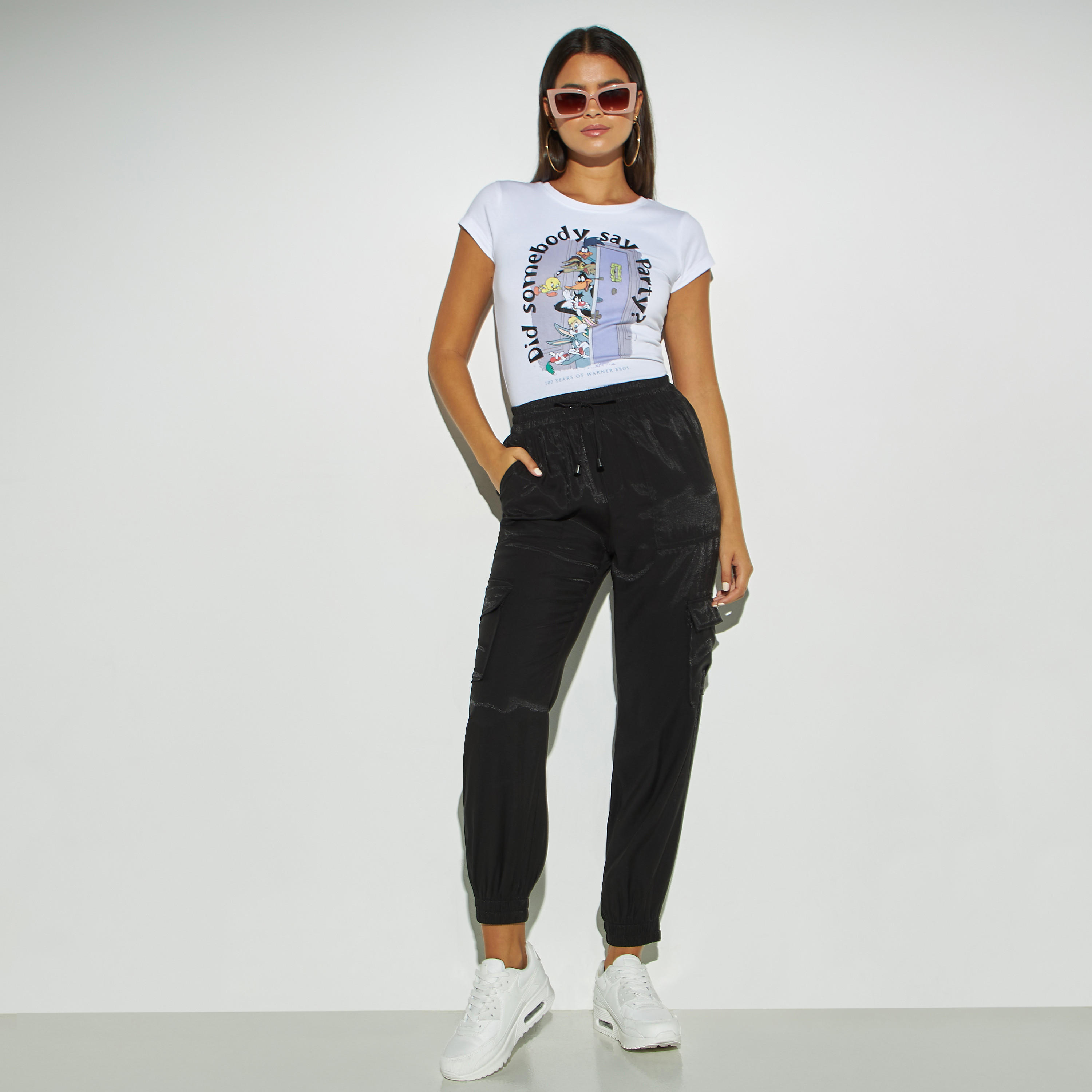 Solid Cargo Joggers with Pockets and Drawstring Closure-women-clothing-bottoms-joggers-image-2