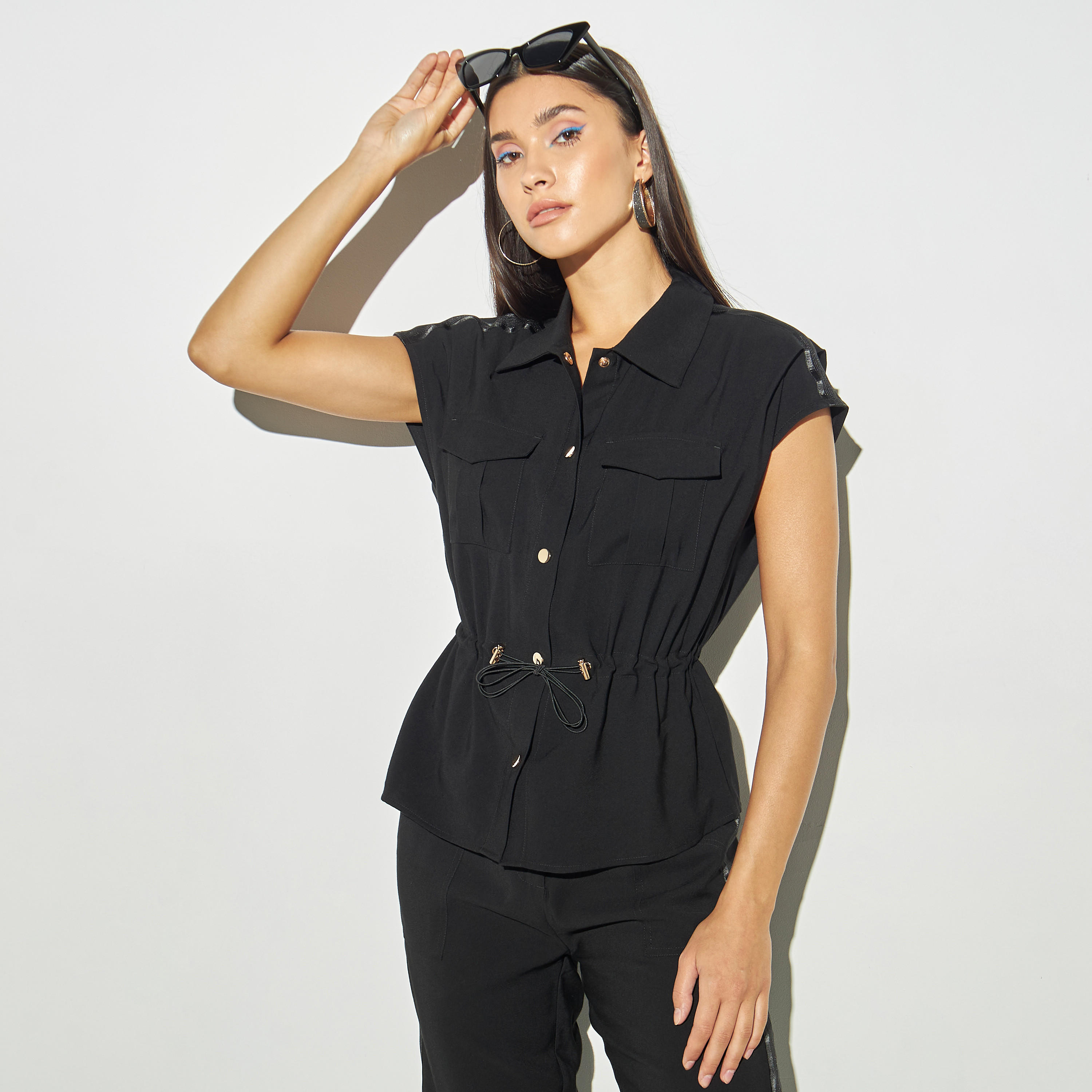 قميص سادة بتفاصيل رباط وجيوب-women-clothing-shirtsandblouses-shirts-image-1